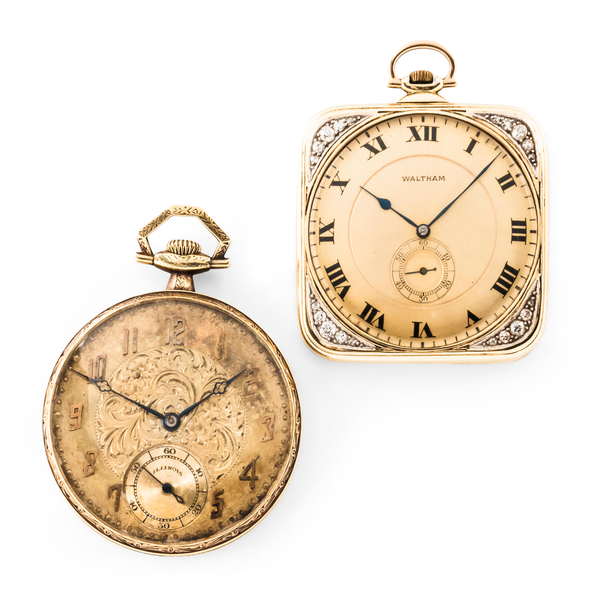 Appraisal: TWO KT GOLD AMERICAN OPEN-FACE WATCHES -jewel Illinois Watch Co