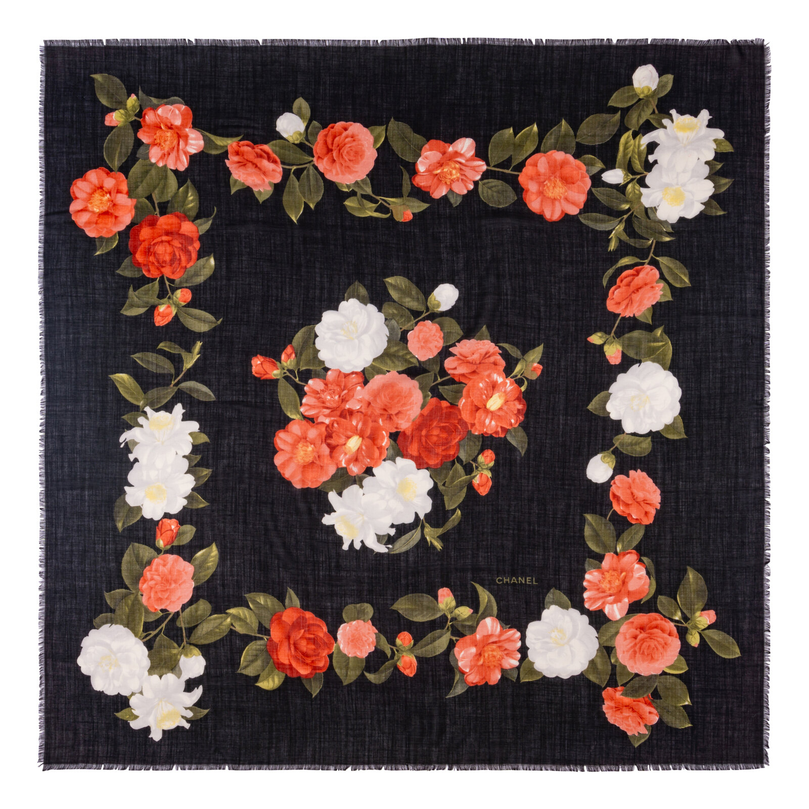 Appraisal: Chanel Floral Scarf Scarf in lightweight black silk-cashmere blend with