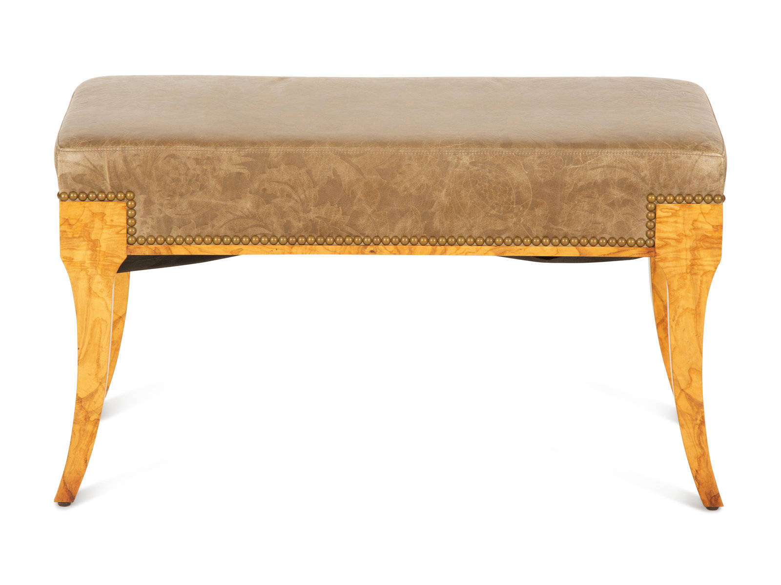 Appraisal: A William Switzer Burled Olivewood Bench with Tooled Leather Upholstered