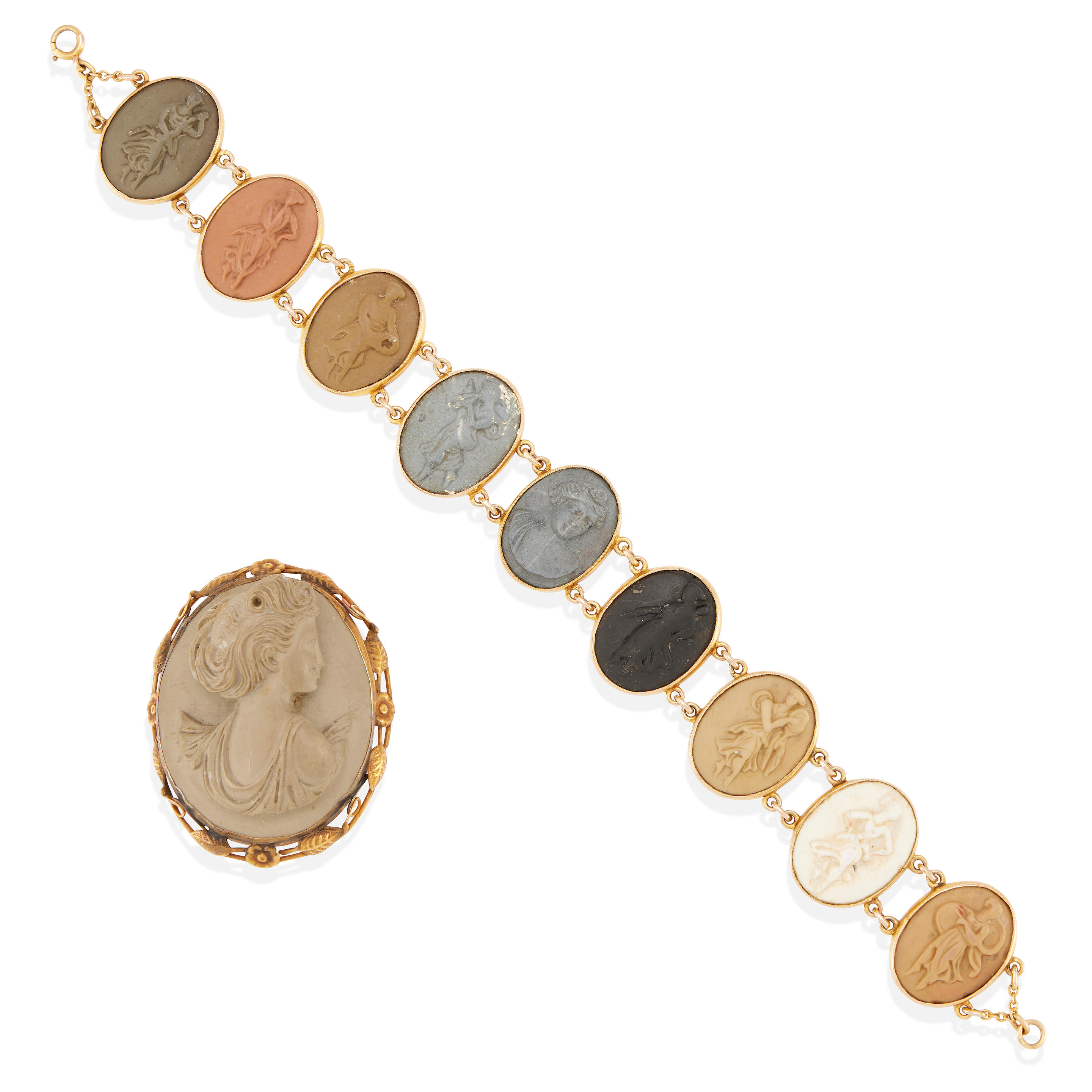 Appraisal: A GOLD AND LAVA STONE BRACELET AND BROOCH k and