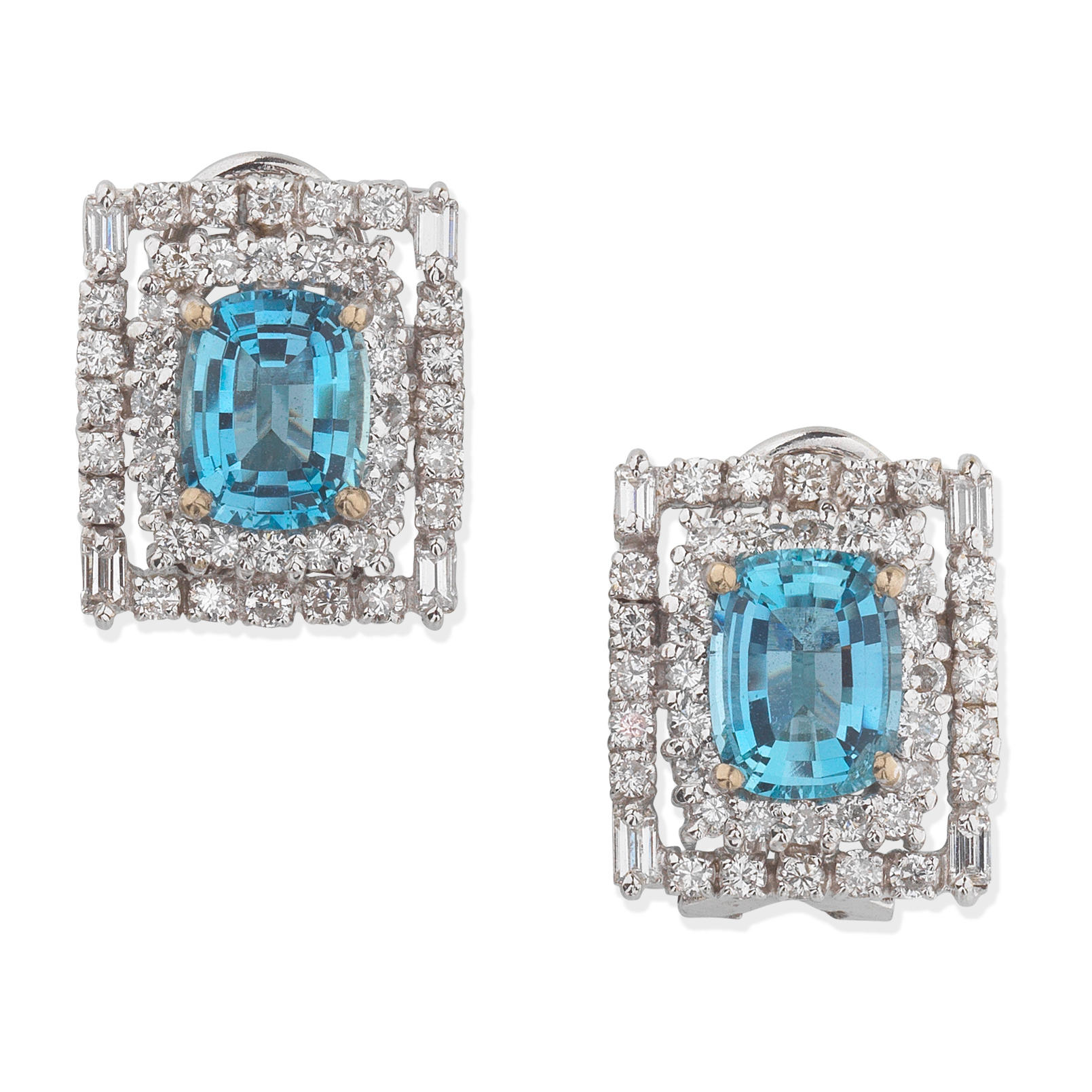 Appraisal: AQUAMARINE AND DIAMOND EARRINGS Cushion-shaped aquamarine brilliant and baguette-cut diamonds