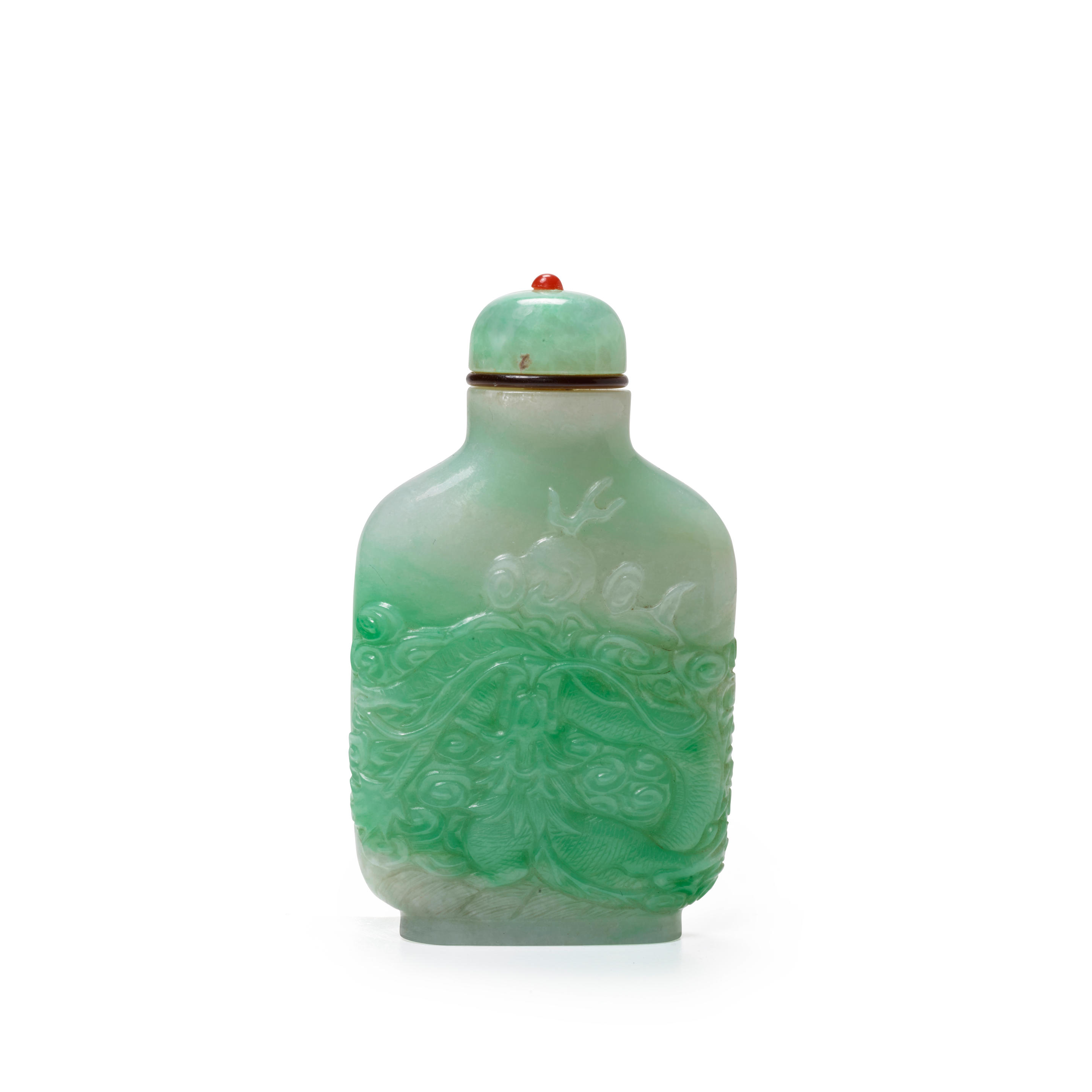 Appraisal: AN EMERALD-GREEN-FLECKED APPLE-GREEN AND WHITE JADEITE 'DRAGON' BOTTLE - Of