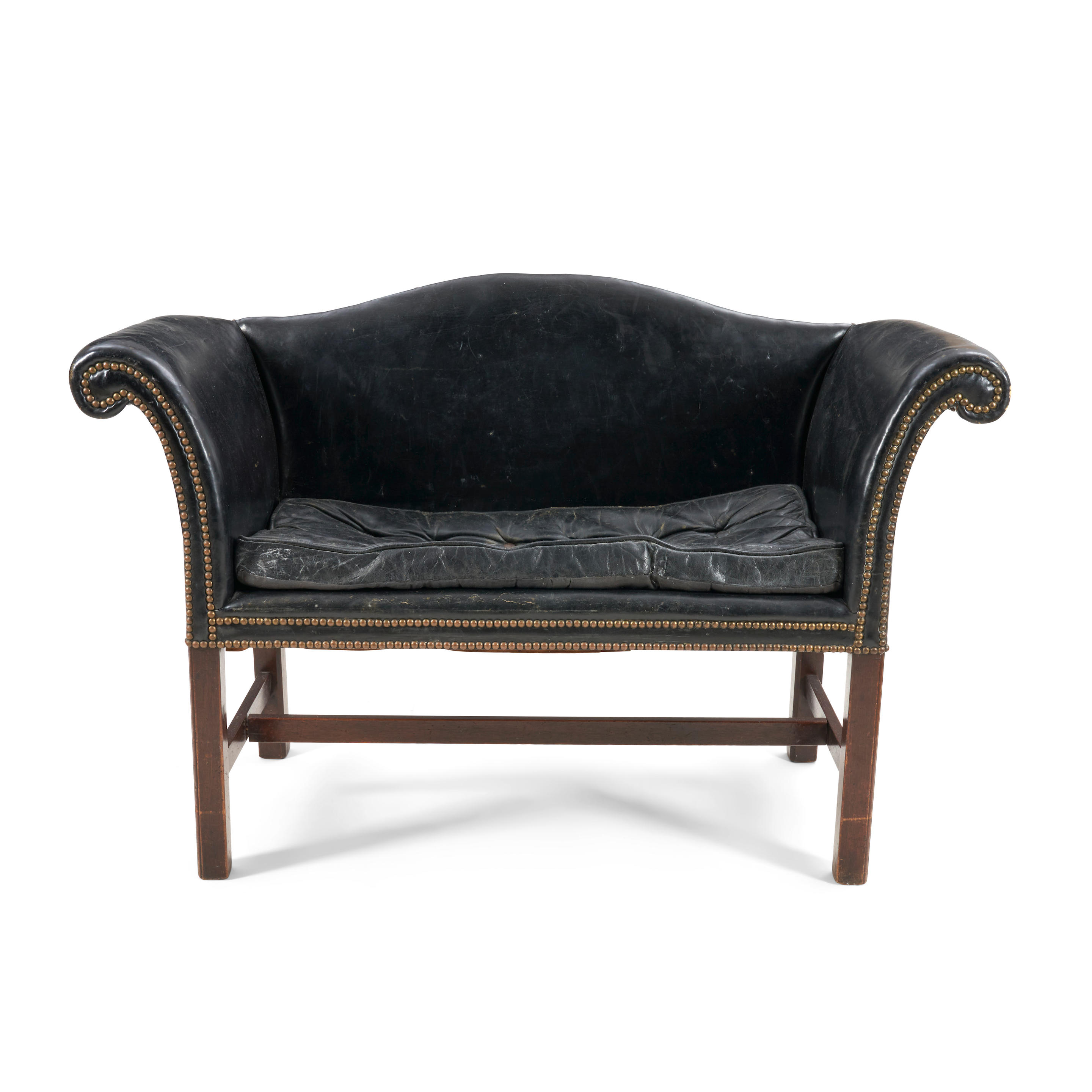 Appraisal: SMALL GEORGIAN MAHOGANY AND BLACK LEATHER UPHOLSTERED CAMEL-BACK BENCH Britain