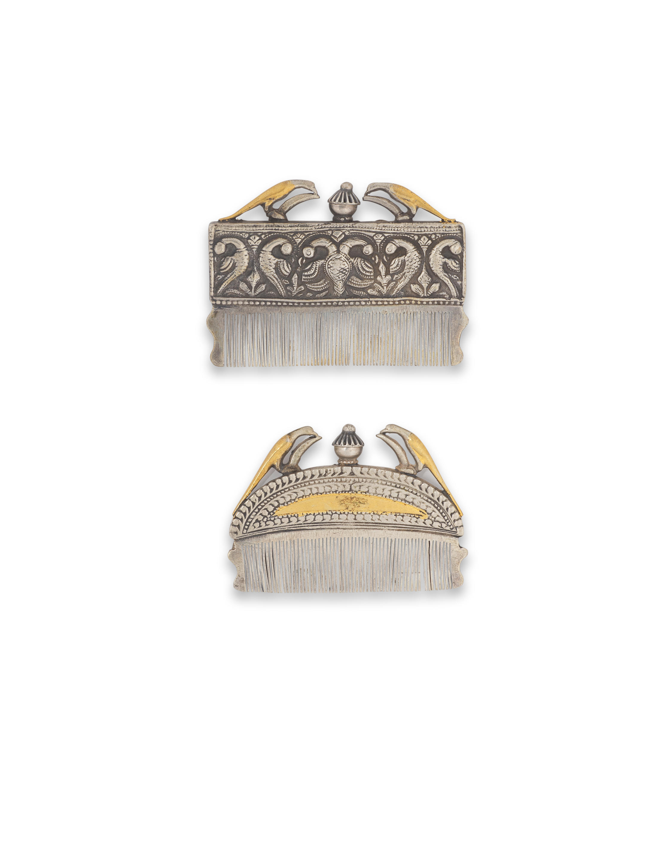 Appraisal: TWO PARCEL-GILT SILVER BEARD COMBS INDIA TH CENTURY each surmounted