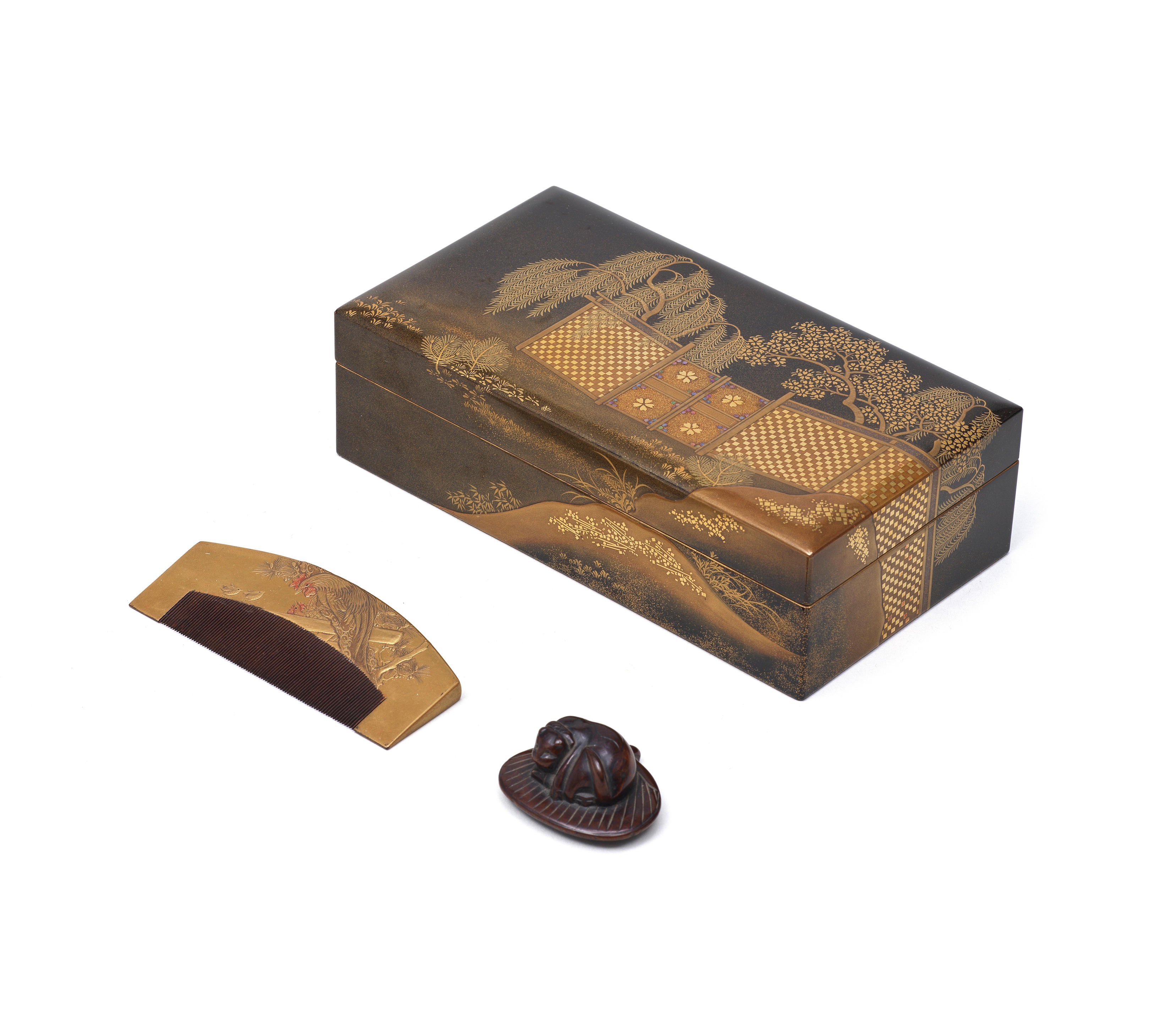 Appraisal: TWO LACQUER PIECES AND ONE WOOD NETSUKE Edo - period