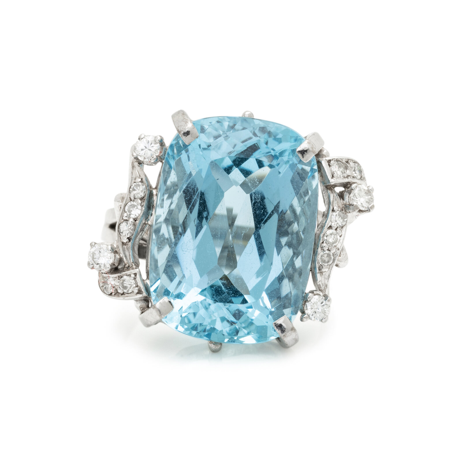 Appraisal: AQUAMARINE AND DIAMOND RING Cushion cut aquamarine measuring approximately x