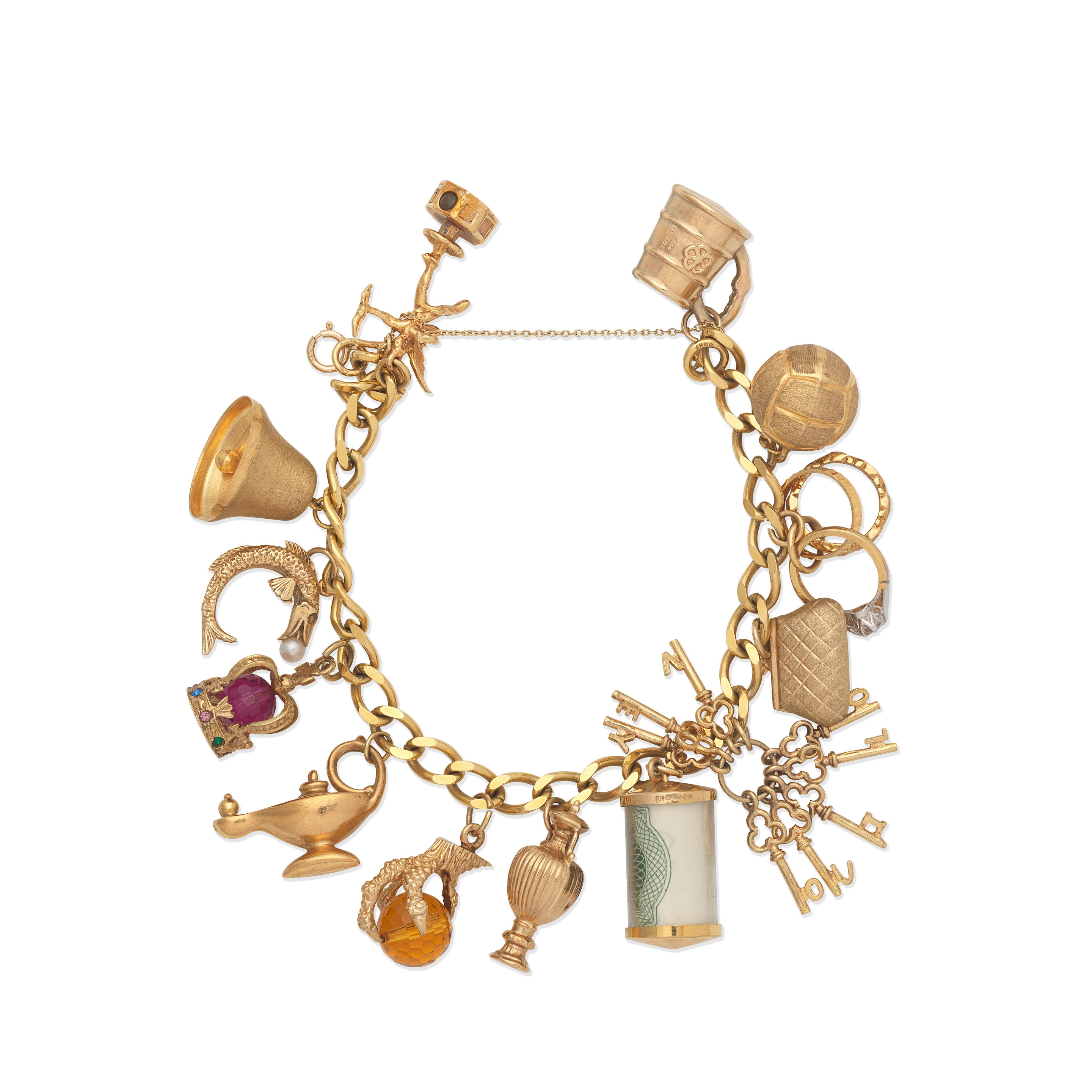 Appraisal: CHARM BRACELET Suspending charms Vari-coloured and vari-cut gemstones carat gold