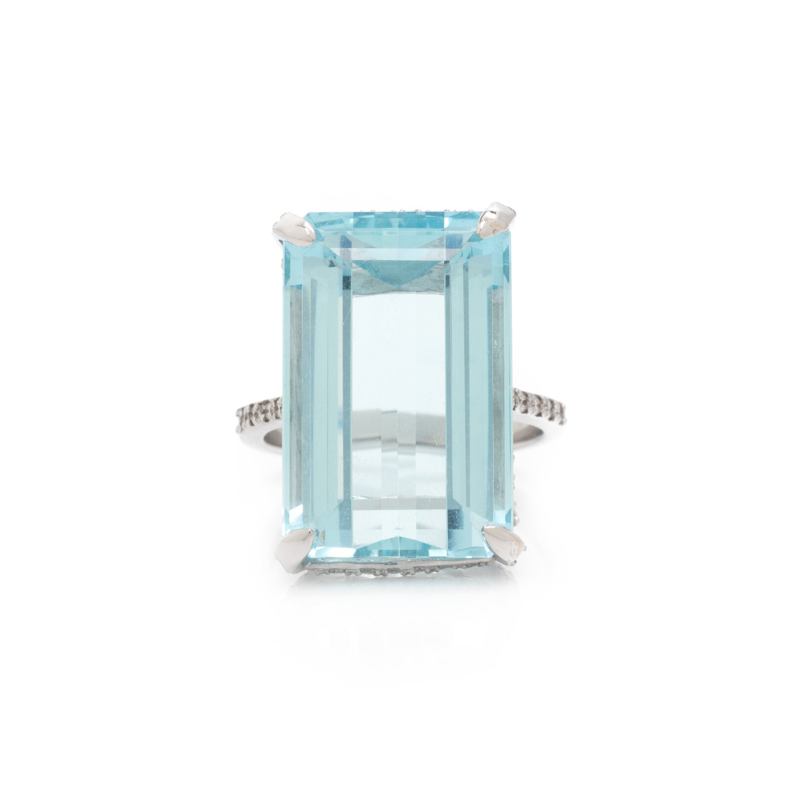 Appraisal: AQUAMARINE AND DIAMOND RING Rectangular cut aquamarine measuring approximately x