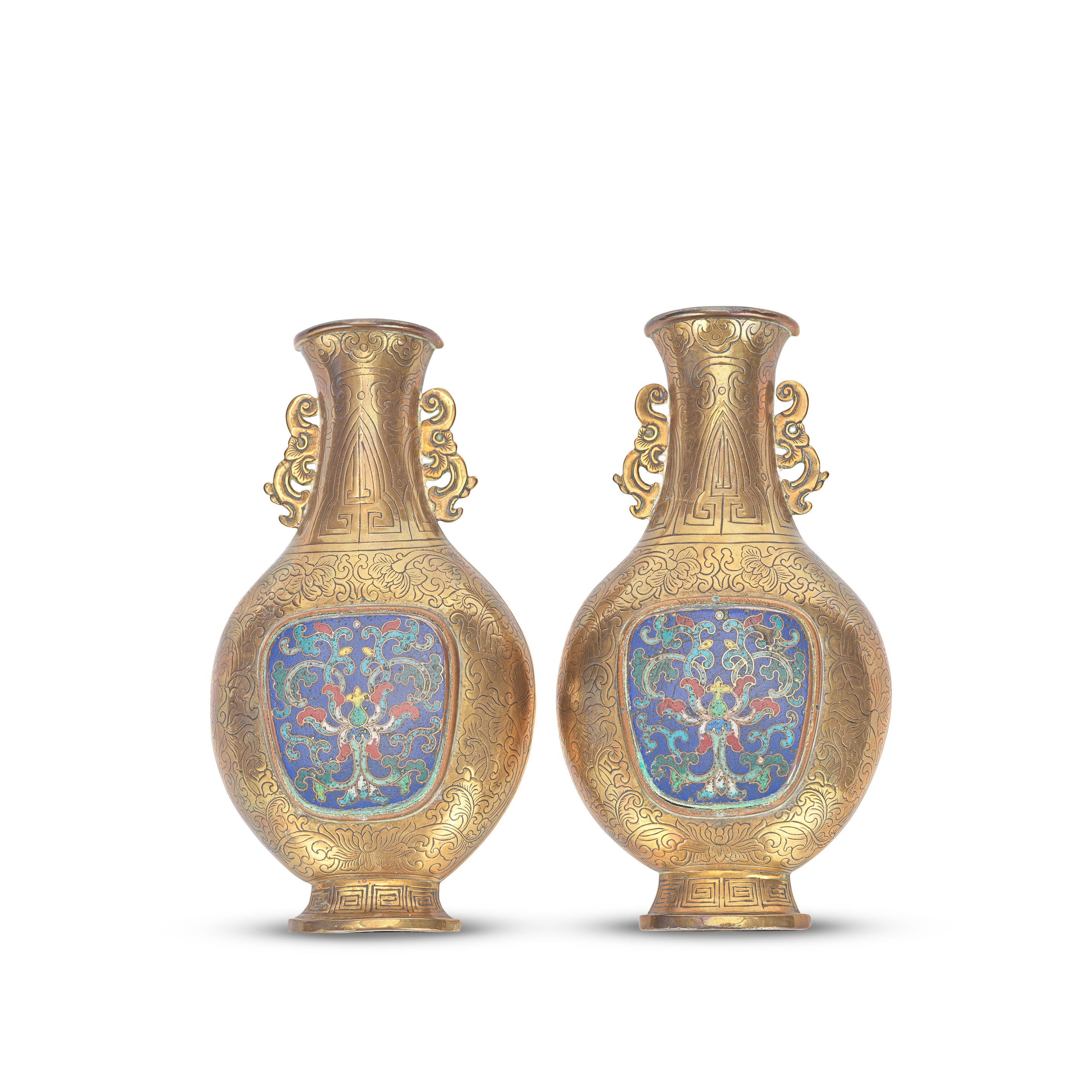 Appraisal: A PAIR OF CLOISONN ENAMEL-INSET BRONZE WALL VASES th century