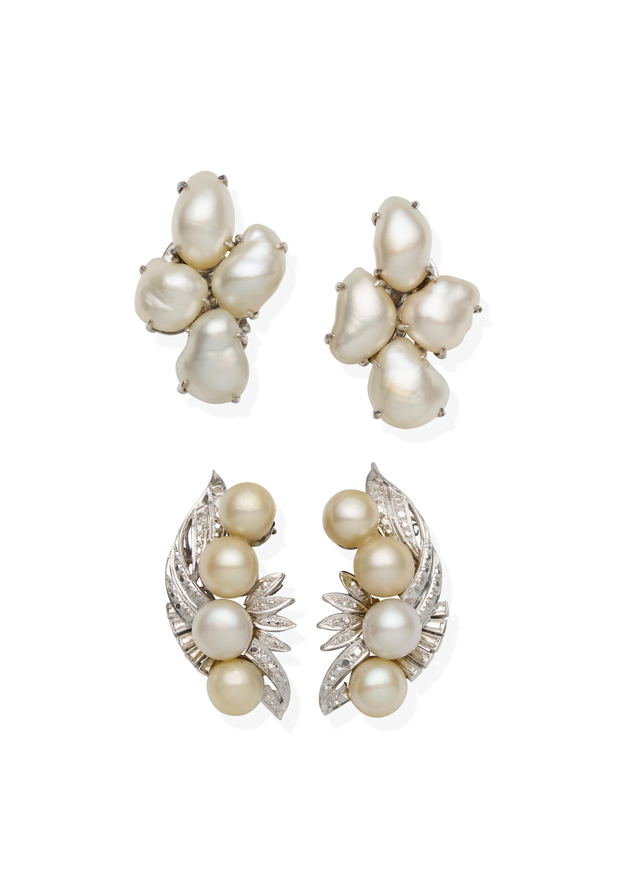 Appraisal: GROUP OF CULUTRED PEARL AND DIAMOND JEWELLERY Pair of keshi