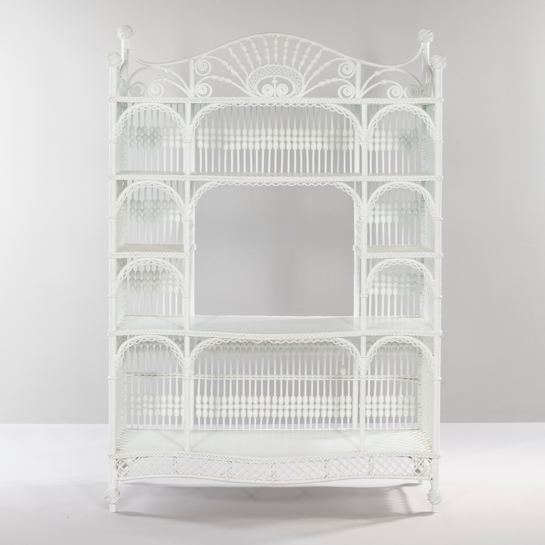 Appraisal: LARGE WHITE WICKER MULTI-TIERED SHELVING UNIT ht wd dp in