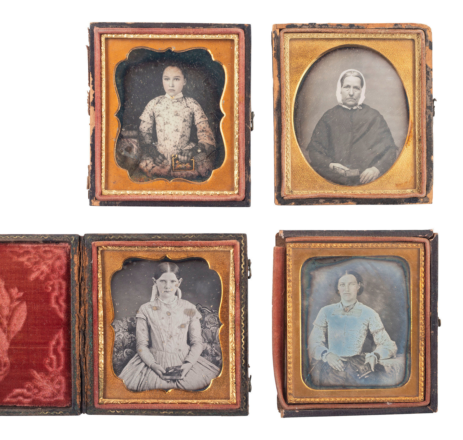 Appraisal: EARLY PHOTOGRAPHY daguerreotype portraits of female subjects holding cased images