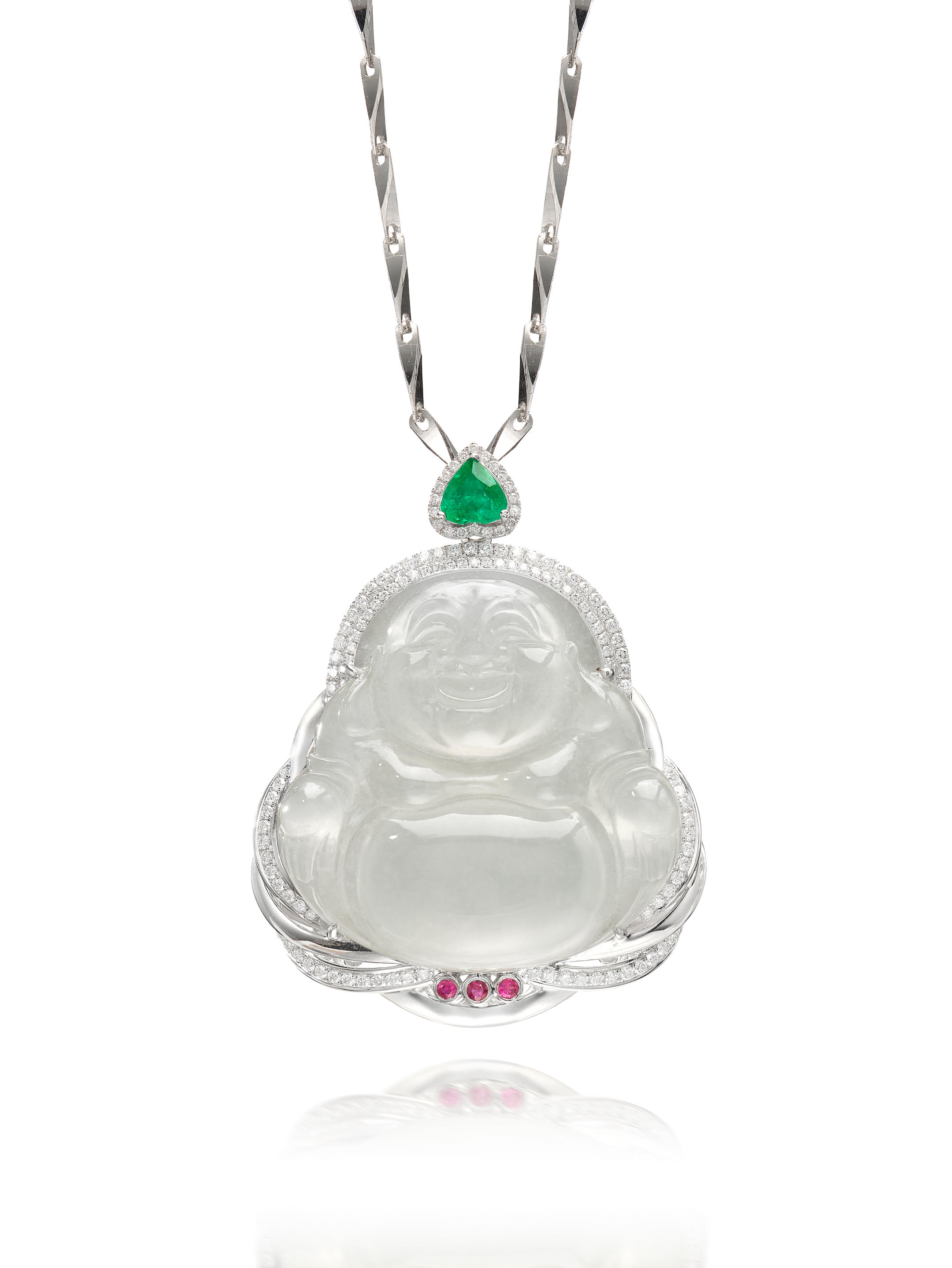 Appraisal: COLOURLESS JADEITE 'BUDDHA' EMERALD AND DIAMOND PENDANT NECKLACE The carved