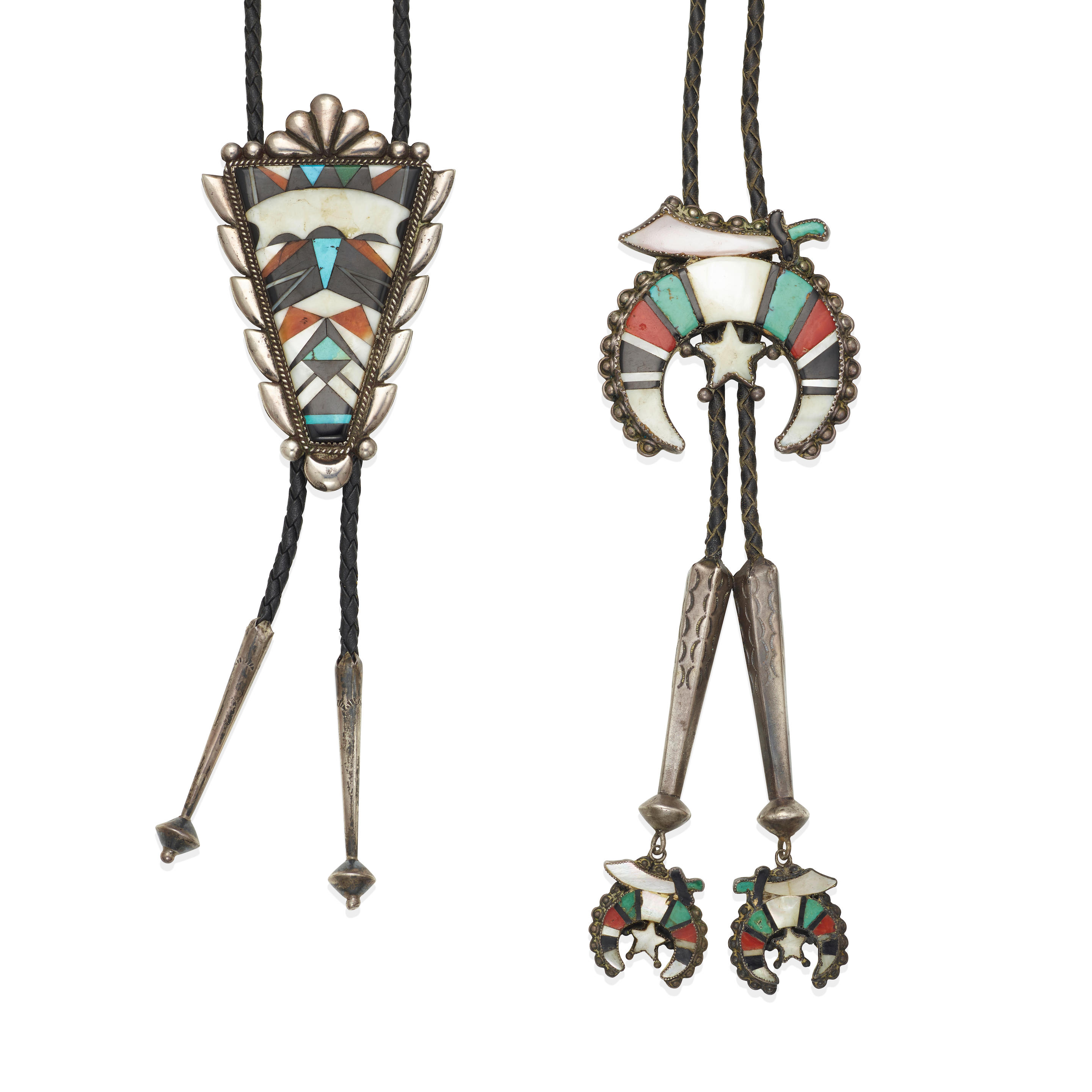 Appraisal: TWO ZUNI MULTI-STONE INLAY BOLO TIES Each of silver the