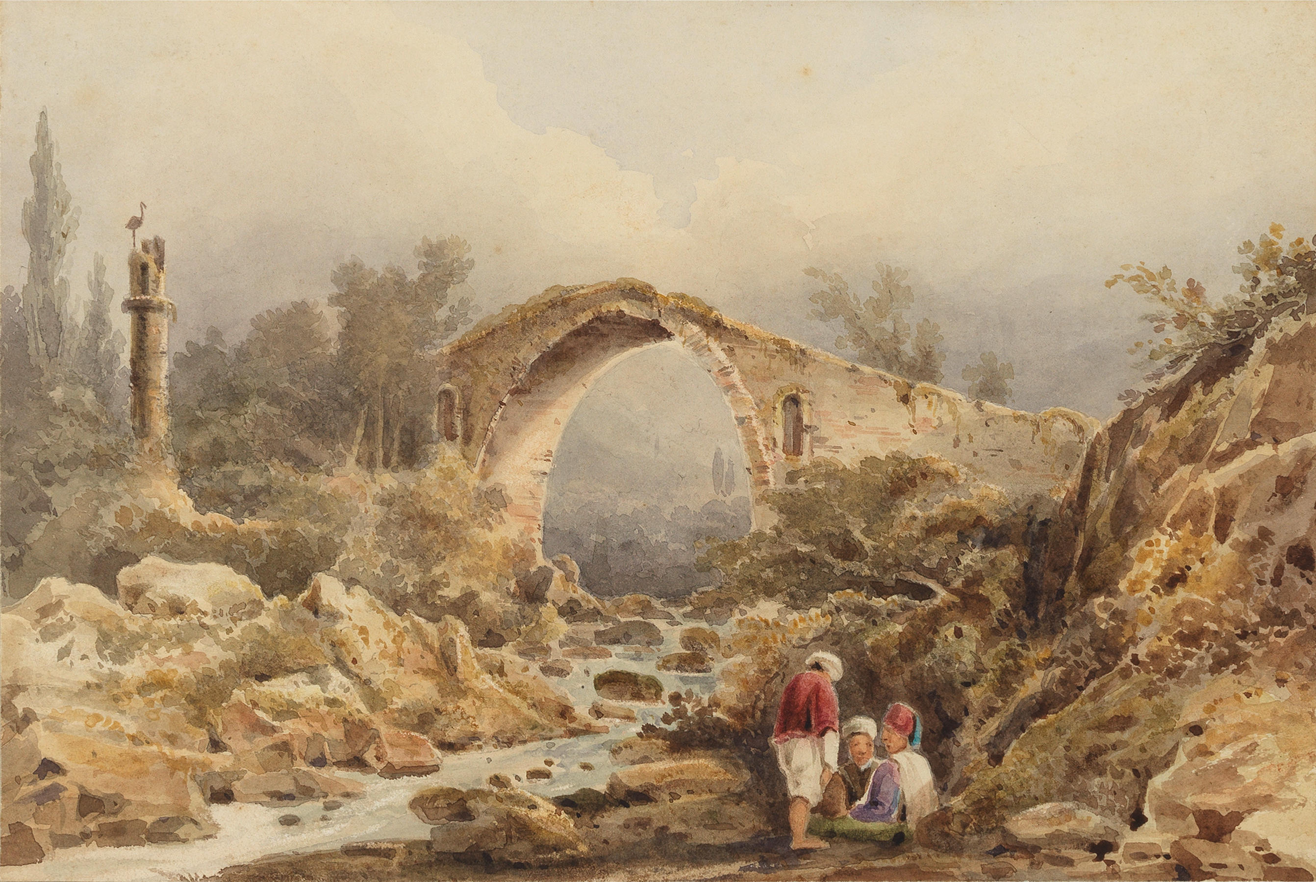 Appraisal: WILLIAM PAGE BRITISH - Figures by a bridge Delvin Albania