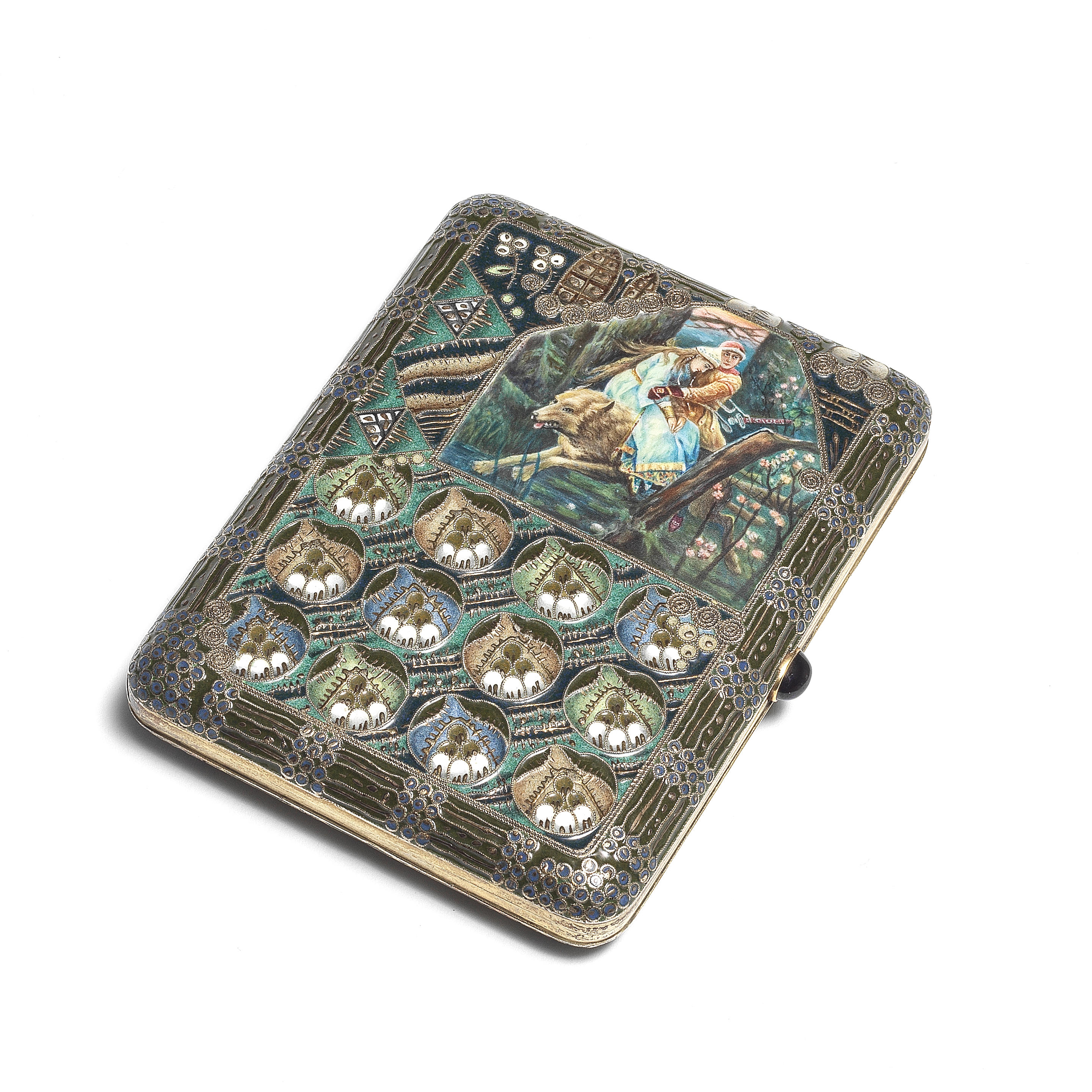 Appraisal: A FABERG SILVER-GILT AND PICTORIAL ENAMEL CIGARETTE CASE with Imperial