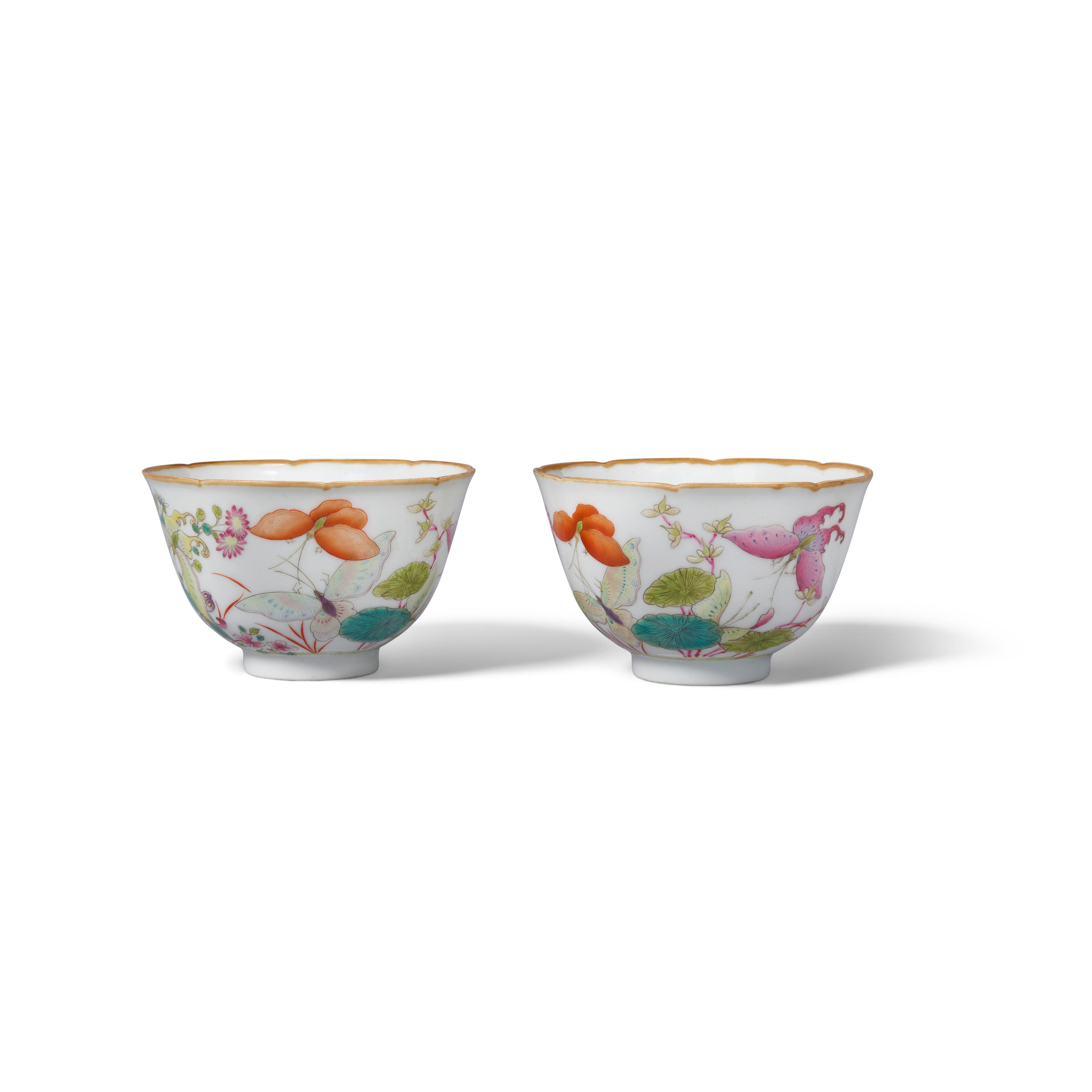 Appraisal: A PAIR OF FINE FAMILLE-ROSE 'FLOWER AND BUTTERFLY' CUPS Xiezhu