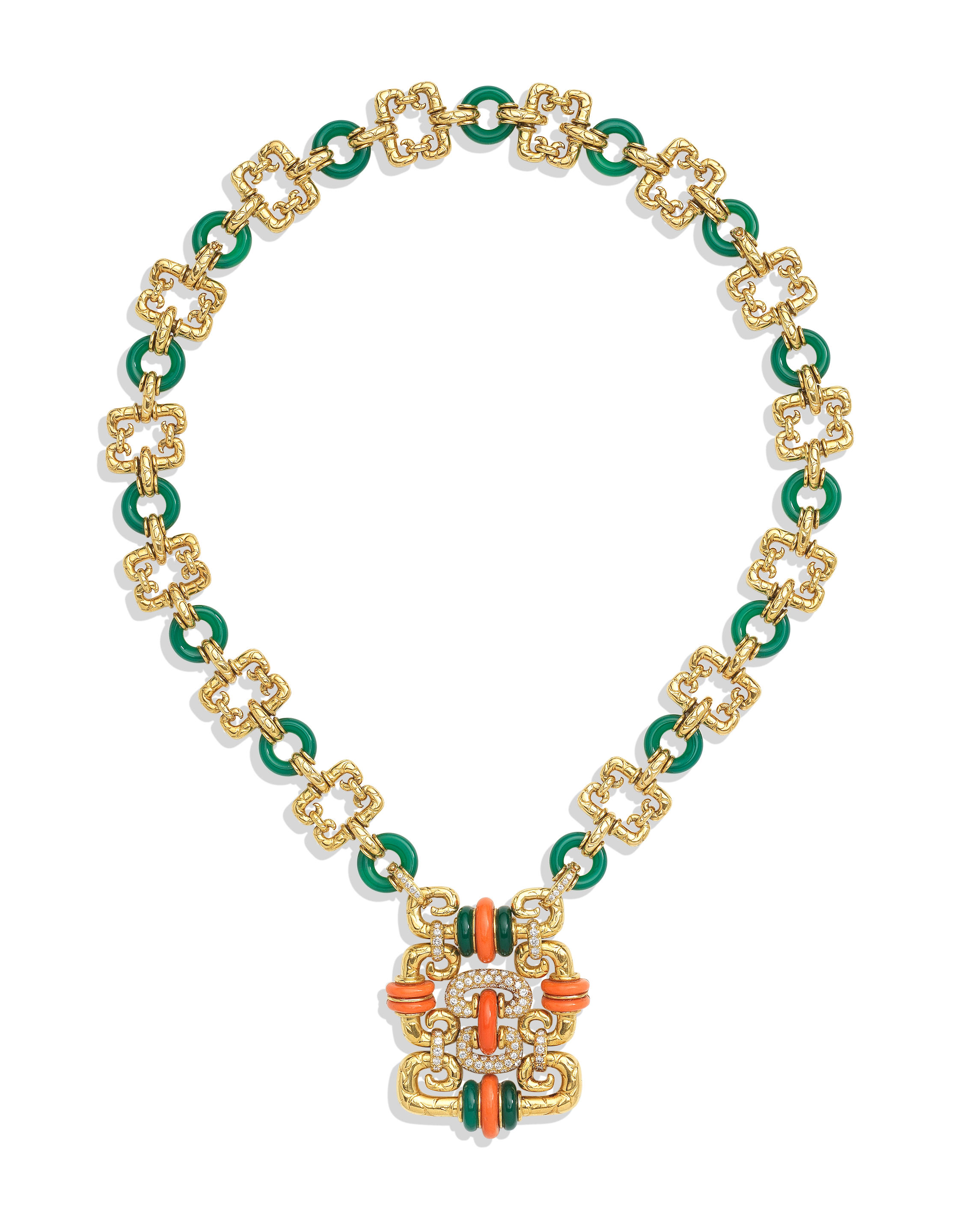 Appraisal: ALDEBERT CORAL CHRYSOPRASE AND DIAMOND-SET SAUTOIR BRACELET BROOCH COMBINATION CIRCA