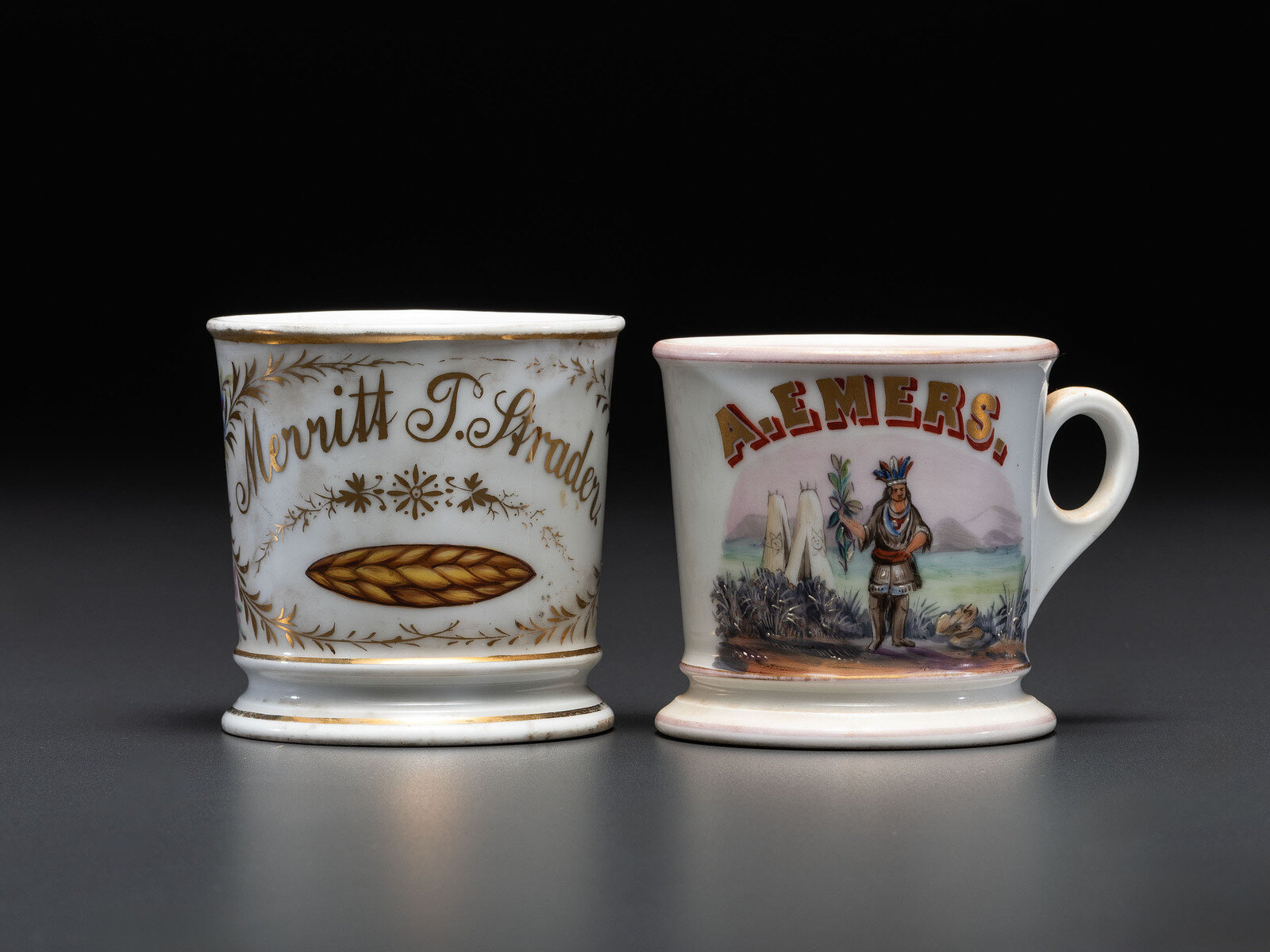 Appraisal: Two Tobacco Related Porcelain Occupational Shaving Mugs Late th Early