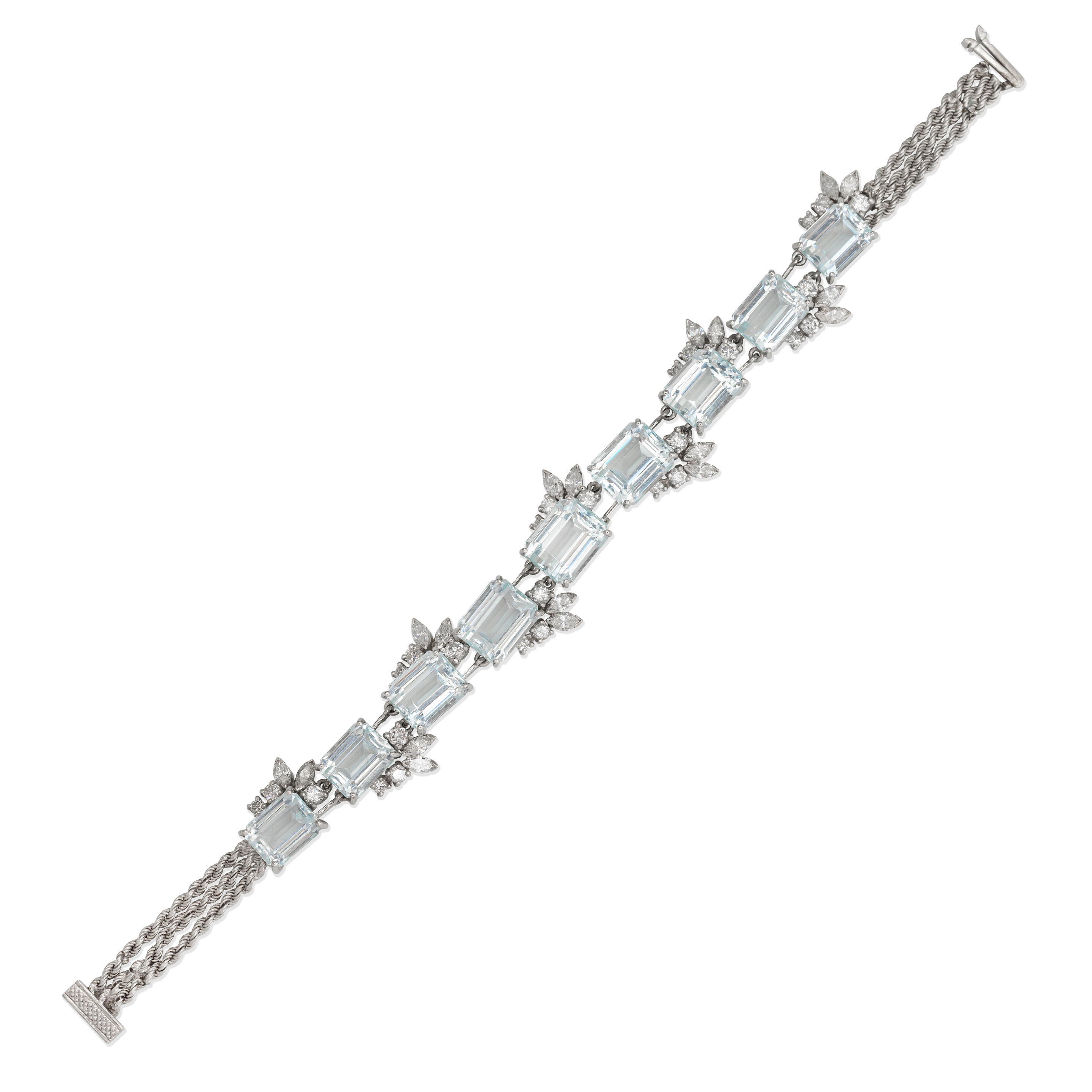 Appraisal: AQUAMARINE AND DIAMOND BRACELET Octagonal step-cut aquamarines Brilliant and marquise-cut