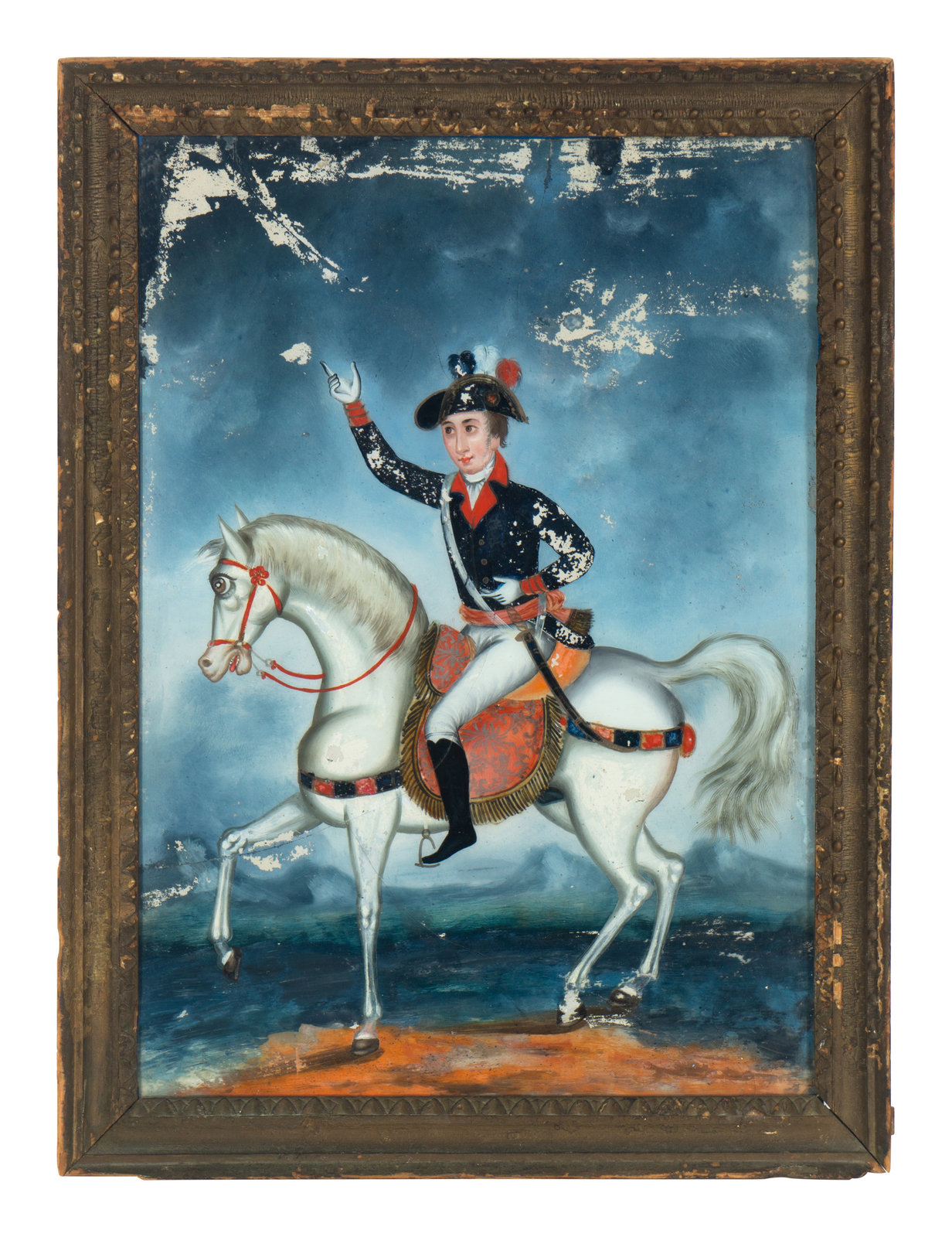 Appraisal: A Reverse-Painted Glass Portrait th th Century of an officer