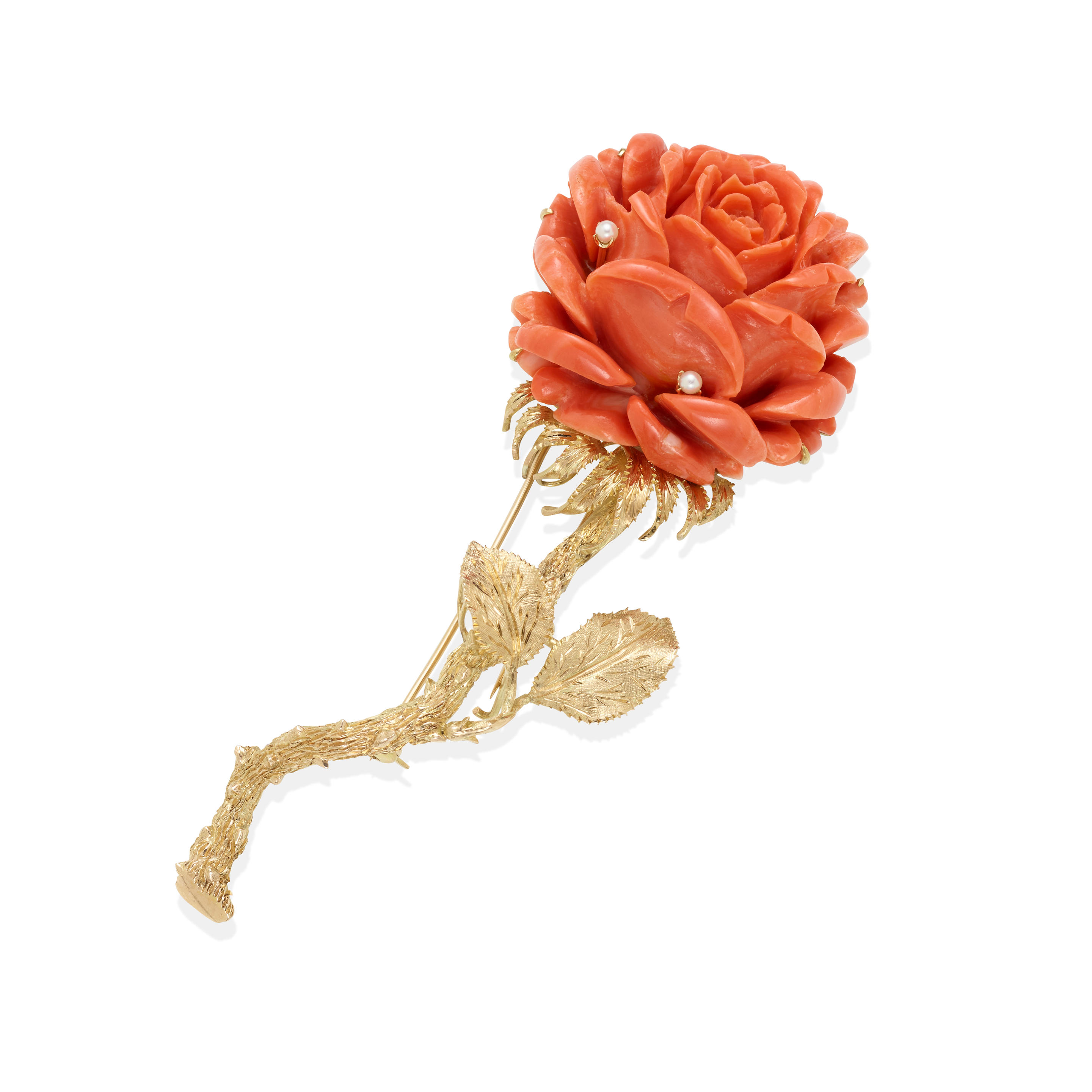 Appraisal: A K GOLD CORAL AND CULTURED PEARL BROOCH Featuring a