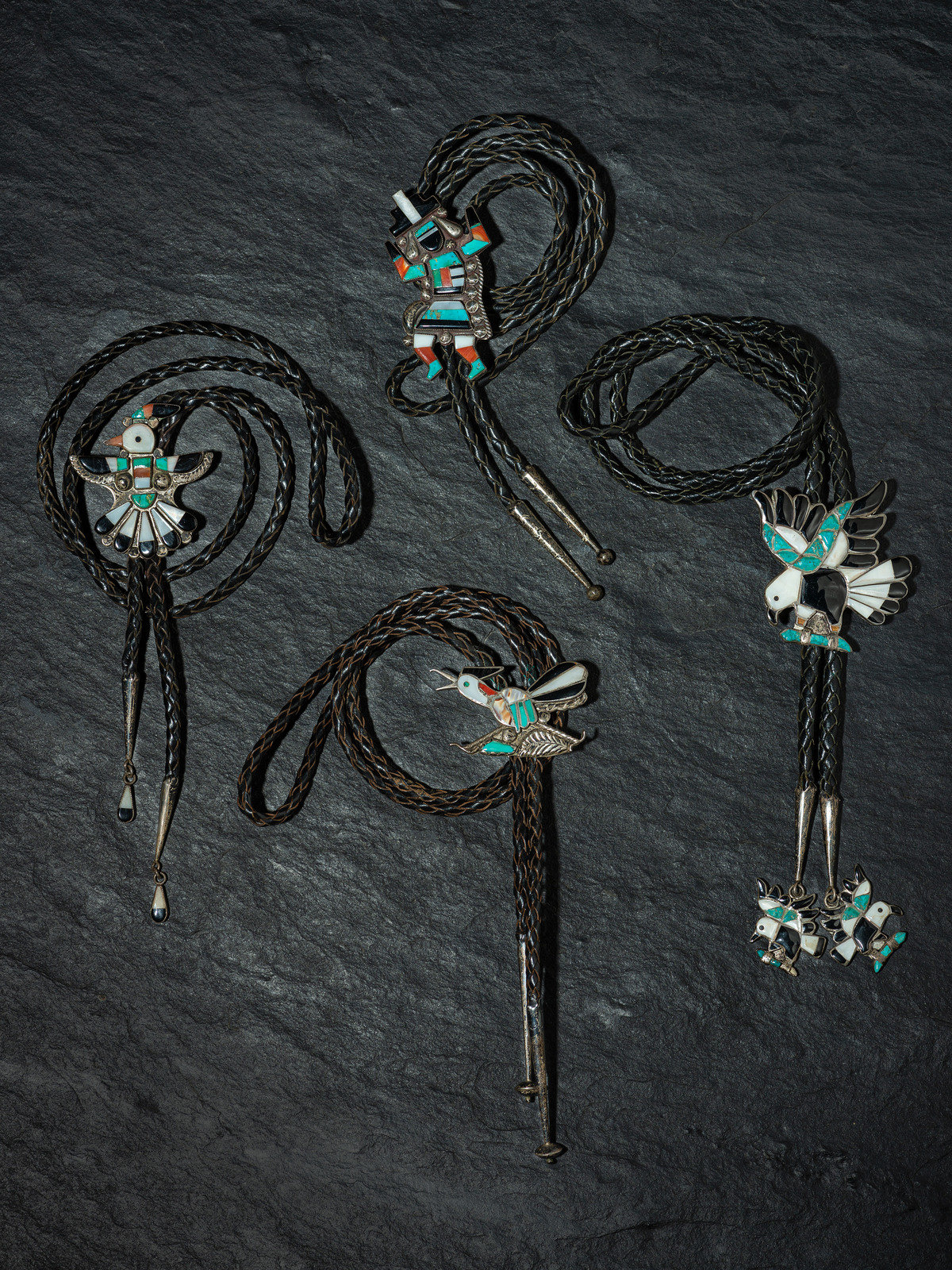 Appraisal: Zuni Inlaid Silver Bolo Ties third quarter th century lot