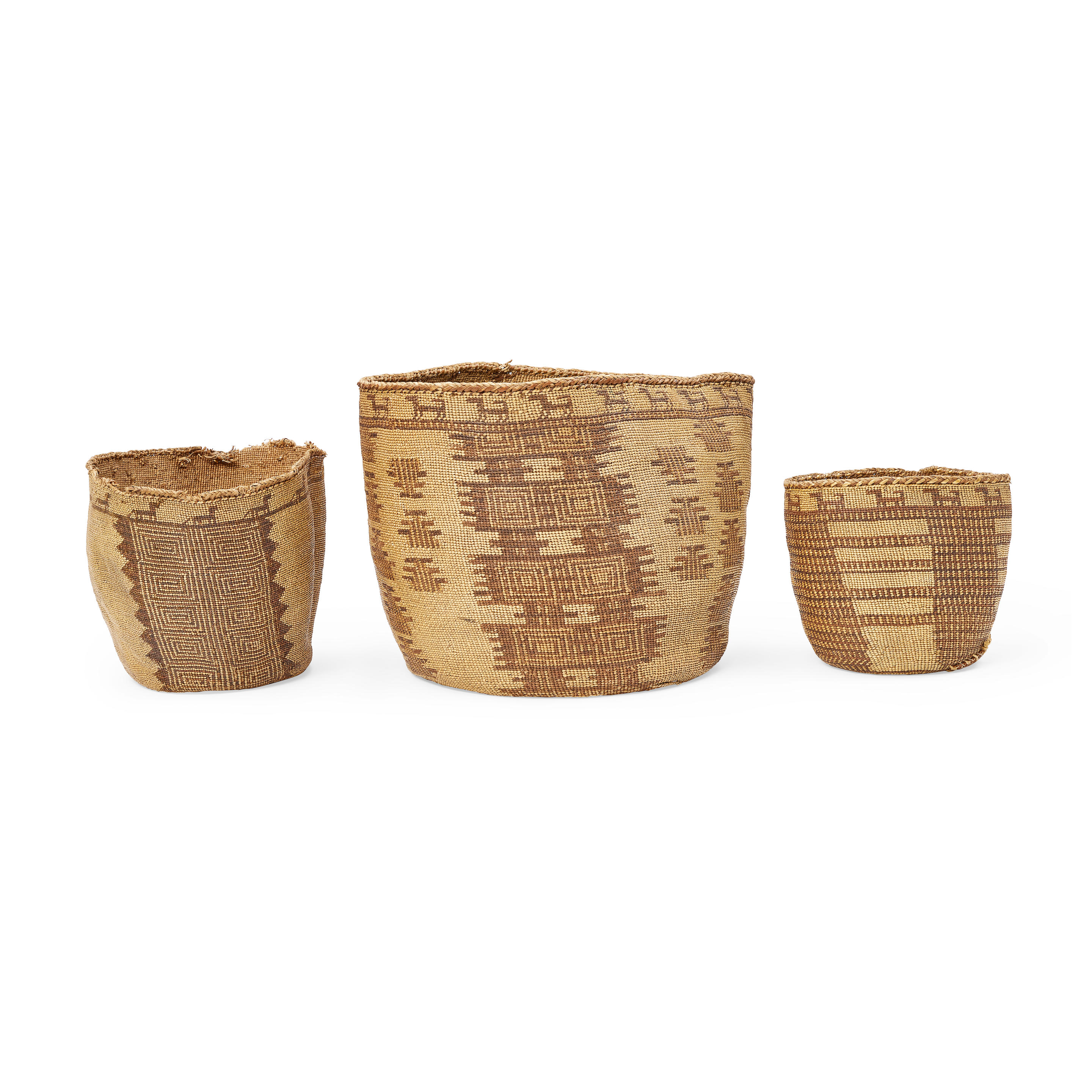 Appraisal: THREE SKOKOMISH TWINED BASKETS Each soft-twined with geometric motifs quadruped