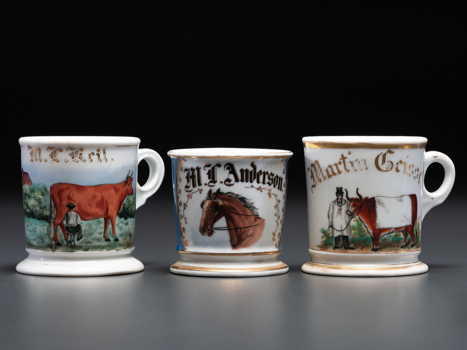 Appraisal: Three Livestock Related Porcelain Occupational Shaving Mugs Late th Early