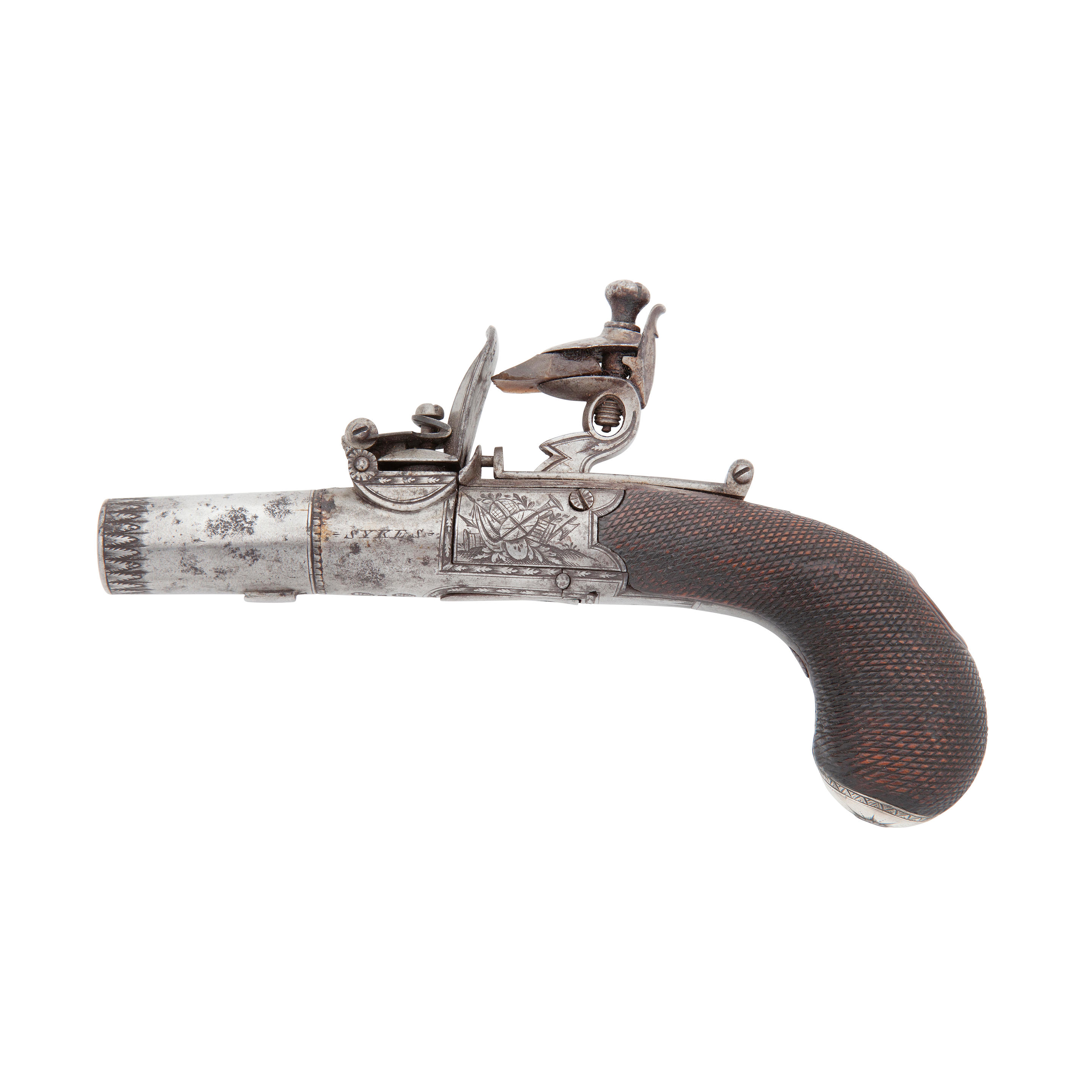 Appraisal: A -BORE FLINTLOCK BOX-LOCK POCKET PISTOL BY SYKES OXFORD CIRCA