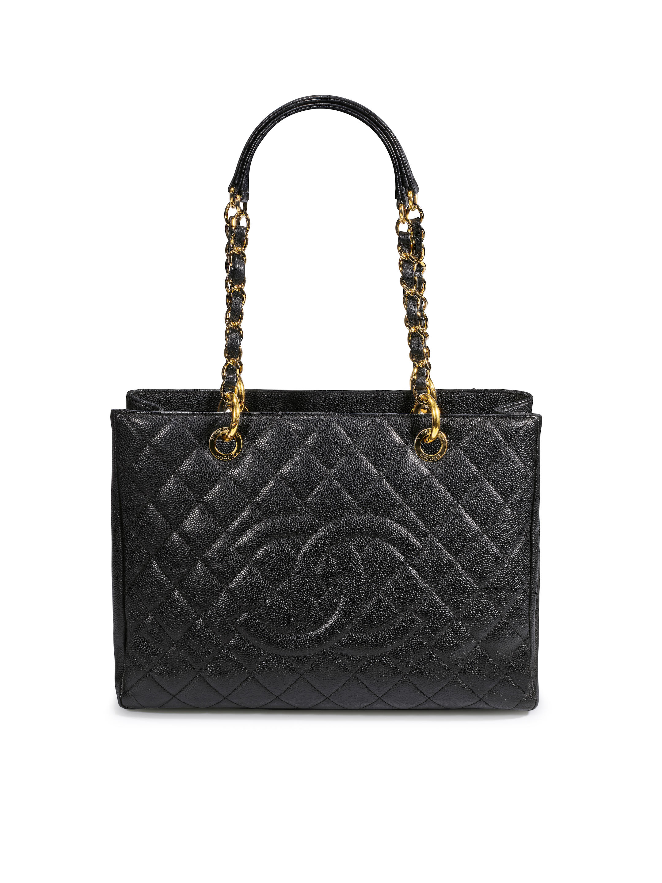 Appraisal: CHANEL BLACK CAVIAR TOTE BAG WITH GOLD TONED HARDWARE -