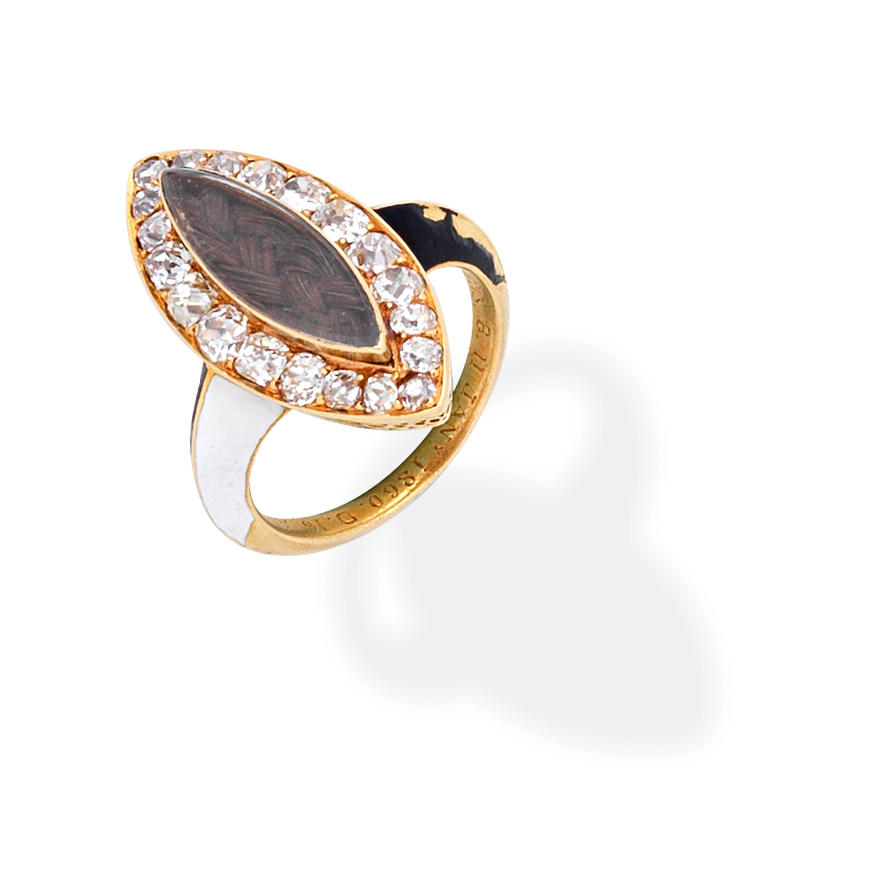 Appraisal: PHILLIPS BROTHERS DIAMOND AND ENAMEL MOURNING RING CIRCA The navette-shaped