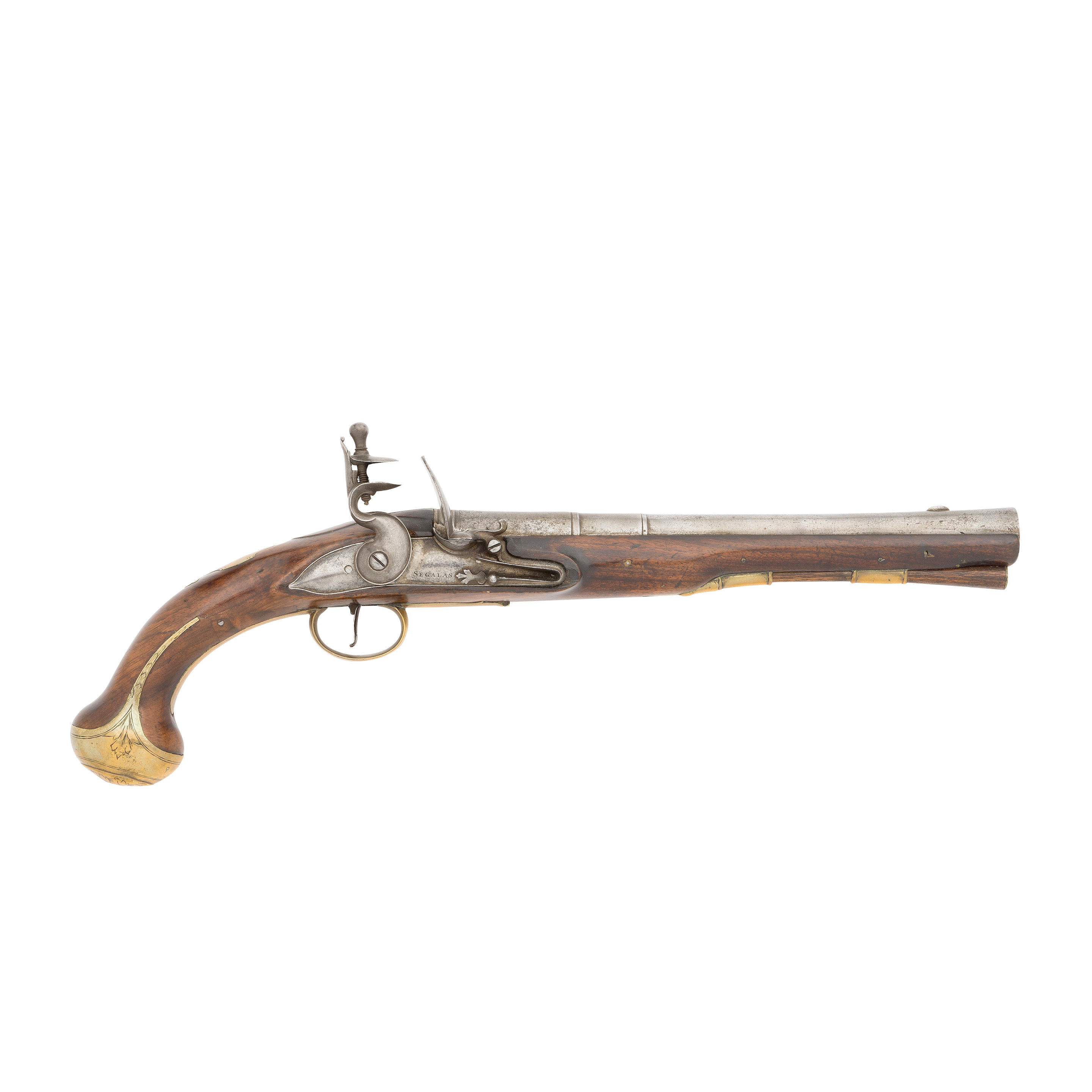 Appraisal: AN -BORE FLINTLOCK BRASS-MOUNTED HOLSTER PISTOL BY SEGALAS LONDON MID-