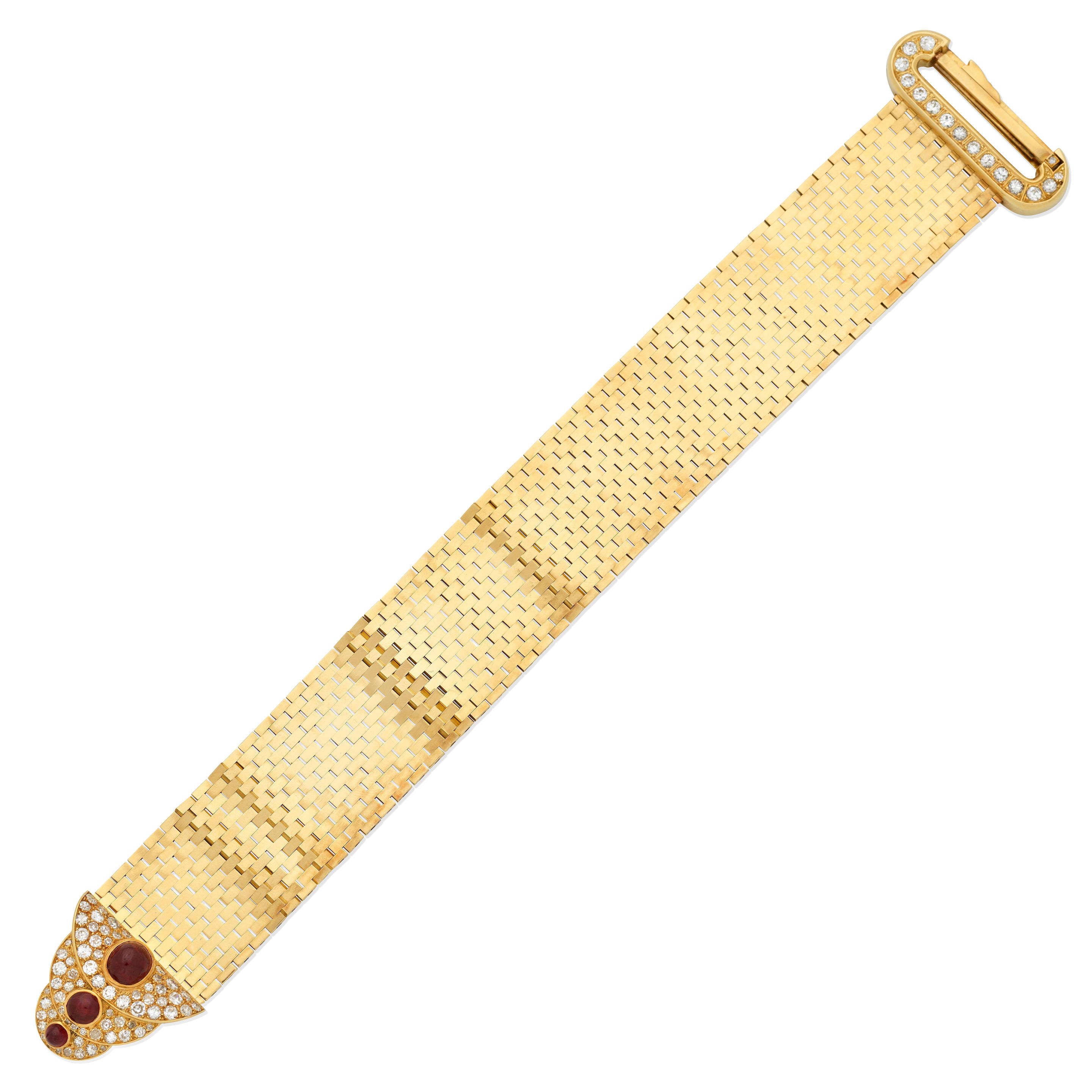 Appraisal: DIAMOND-SET BRACELET WITH RUBY AND DIAMOND CLIP Of brick-linking the