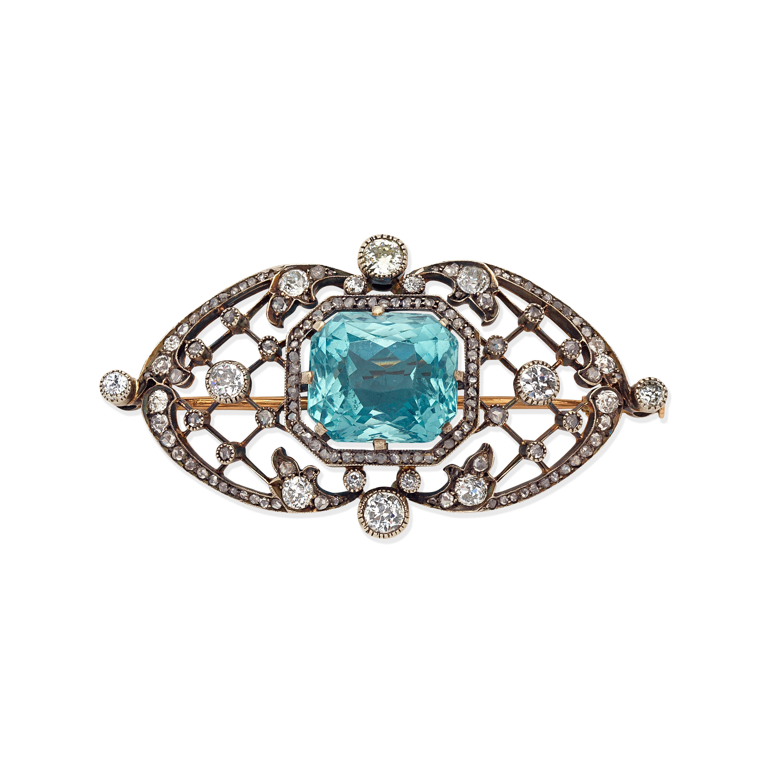 Appraisal: BELLE POQUE AQUAMARINE AND DIAMOND BROOCH CIRCA The octagonal-cut aquamarine