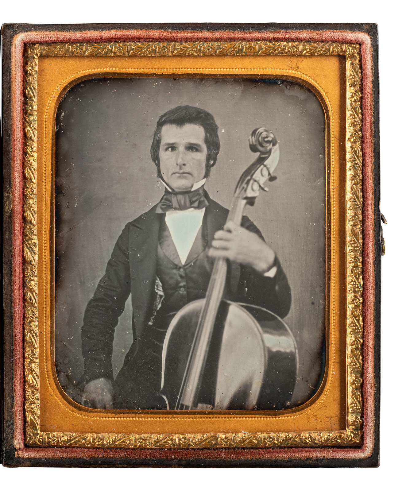 Appraisal: EARLY PHOTOGRAPHY Sixth plate daguerreotype of a cellist posed with