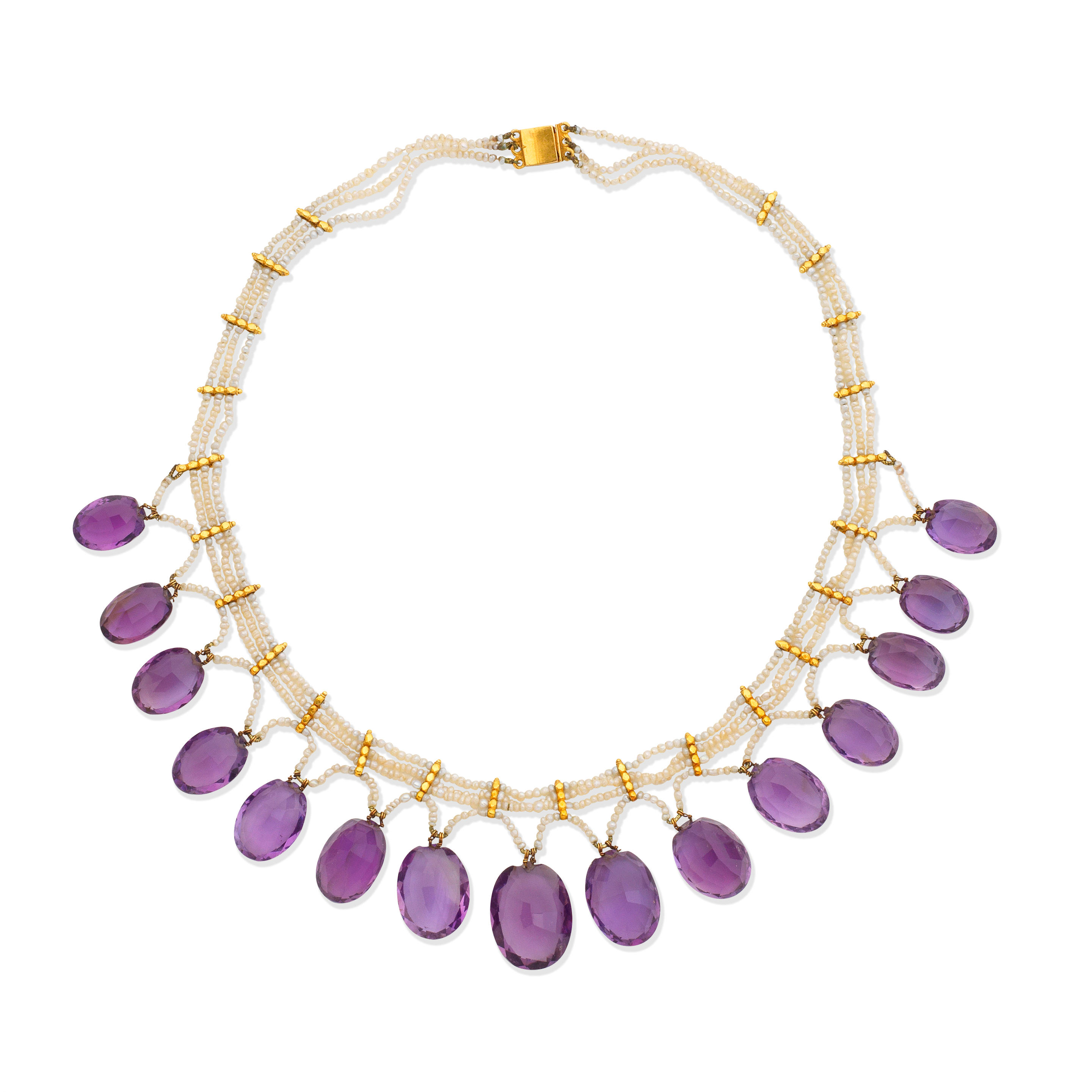 Appraisal: AMETHYST AND SEED PEARL FRINGE NECKLACE The three-row seed pearl