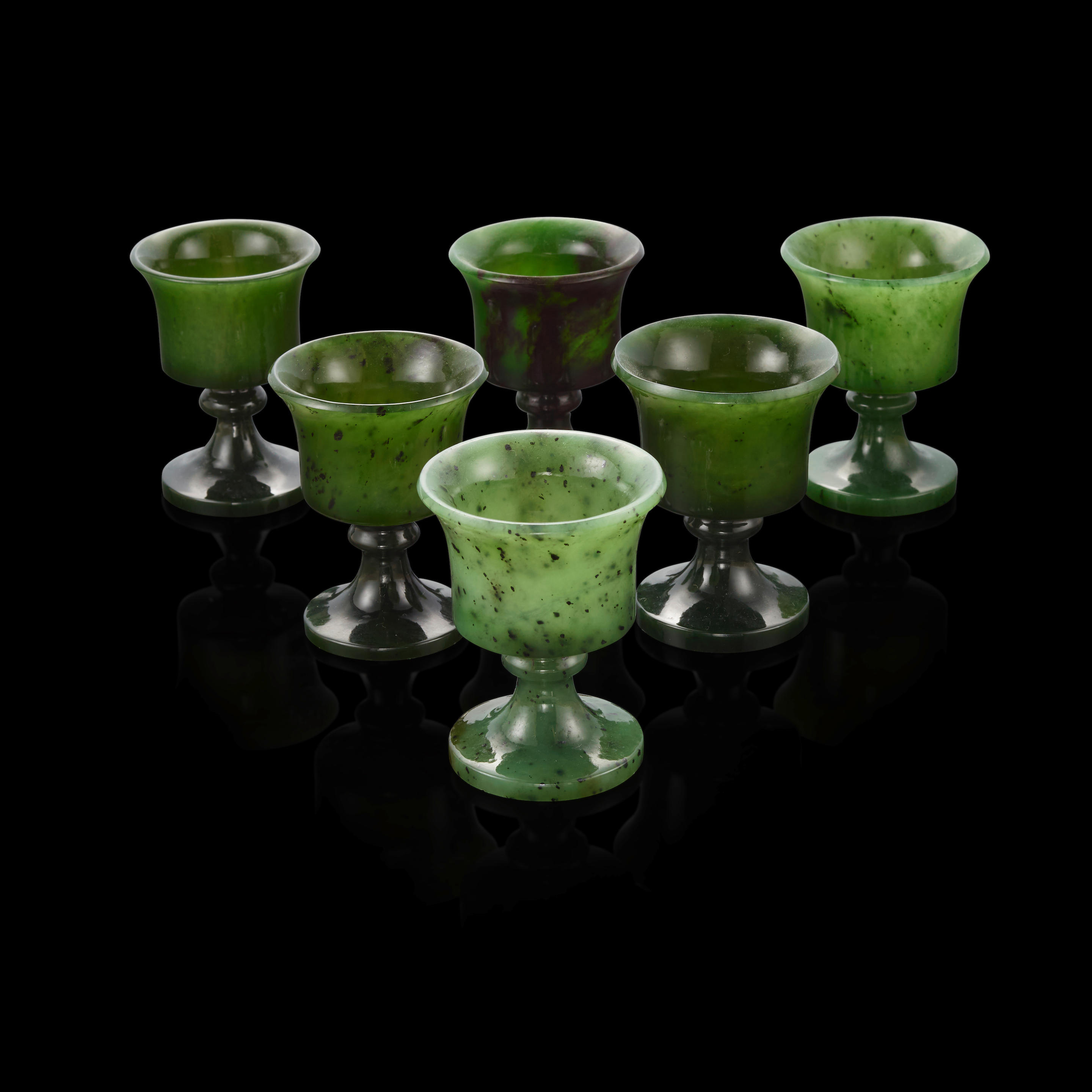 Appraisal: SET OF SIX NEPHRITE JADE SHOT GLASSES Siberia Russia Each