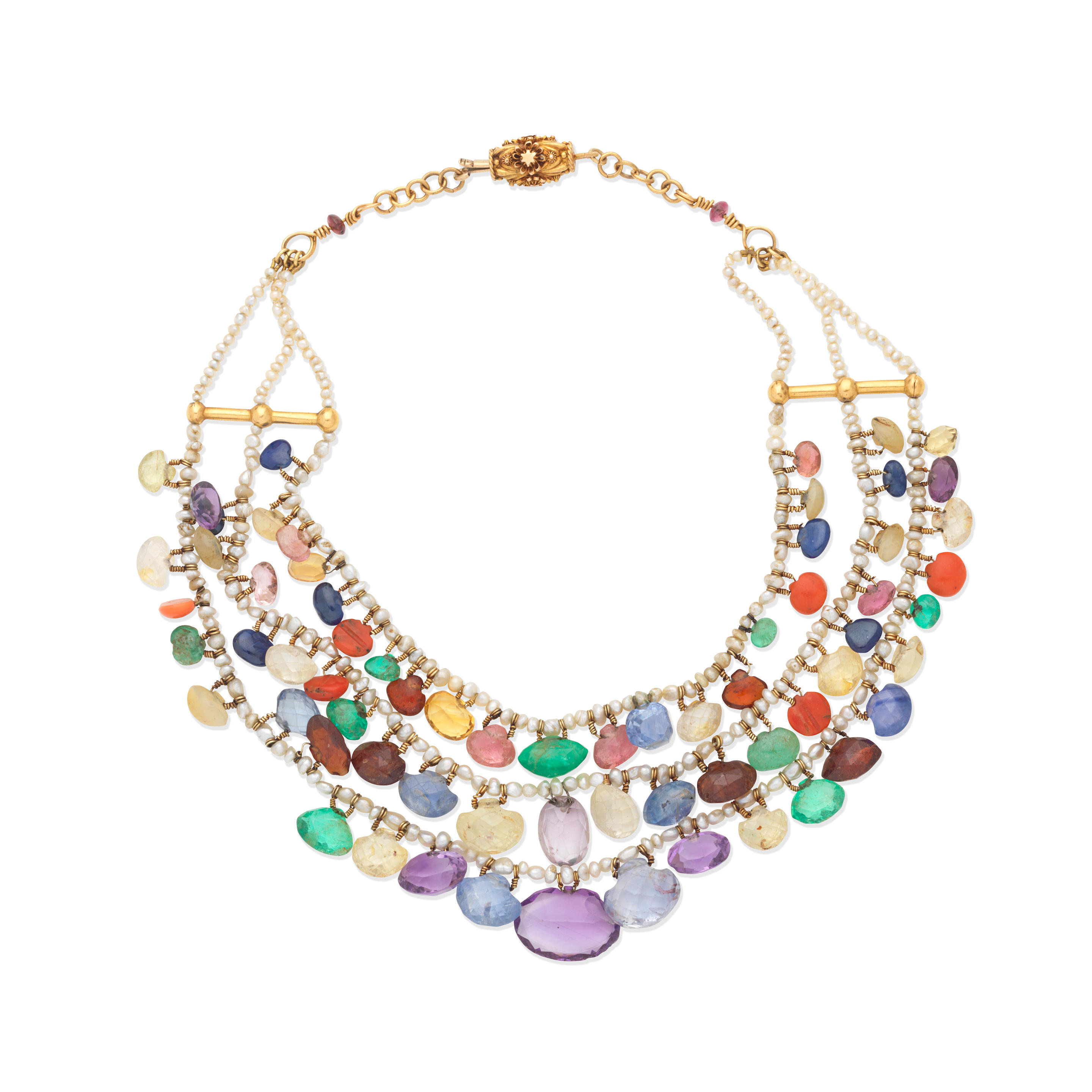 Appraisal: GEM-SET AND SEED PEARL FRINGE NECKLACE The three rows of