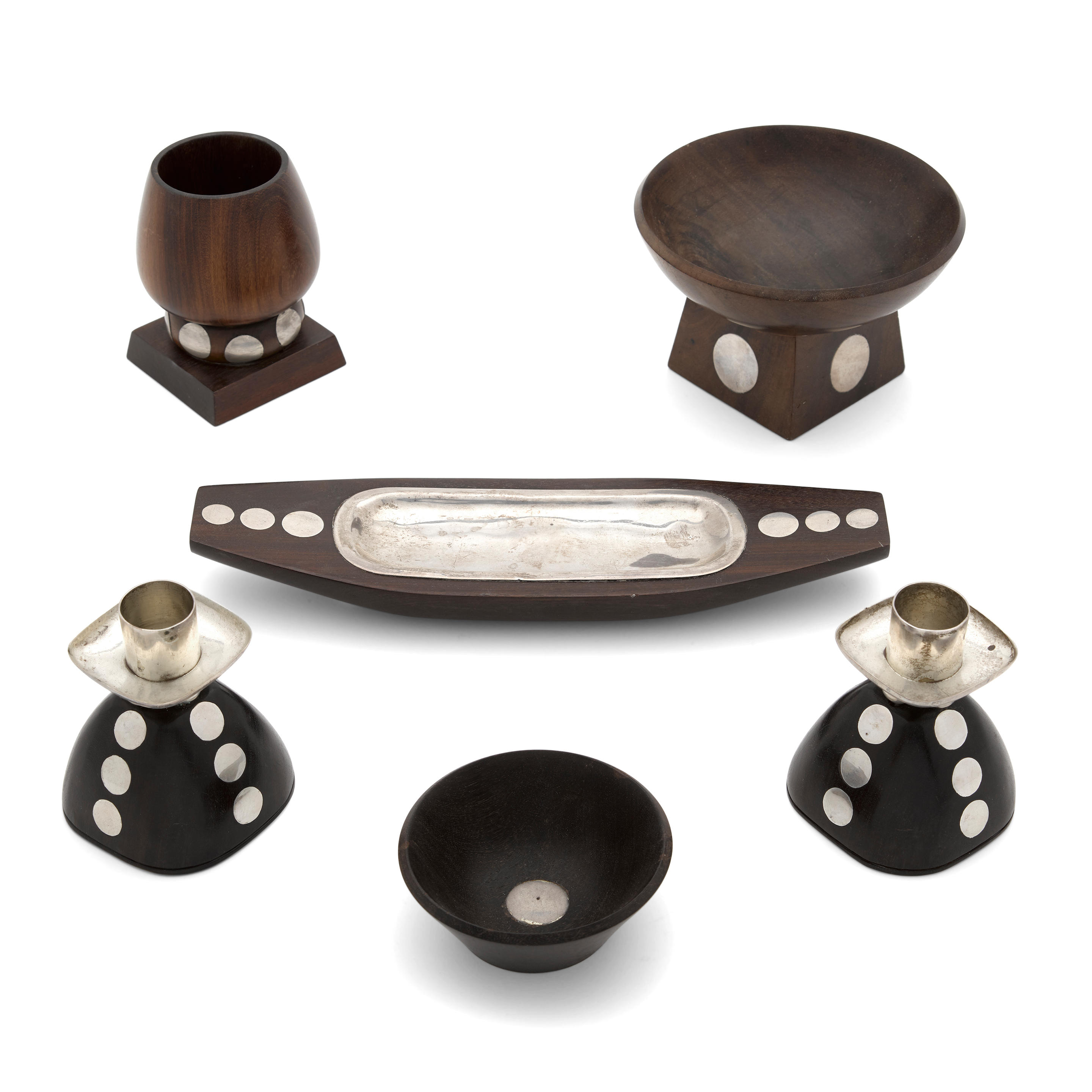 Appraisal: A GROUP OF SIX MEXICAN WOOD AND STERLING SILVER TABLE