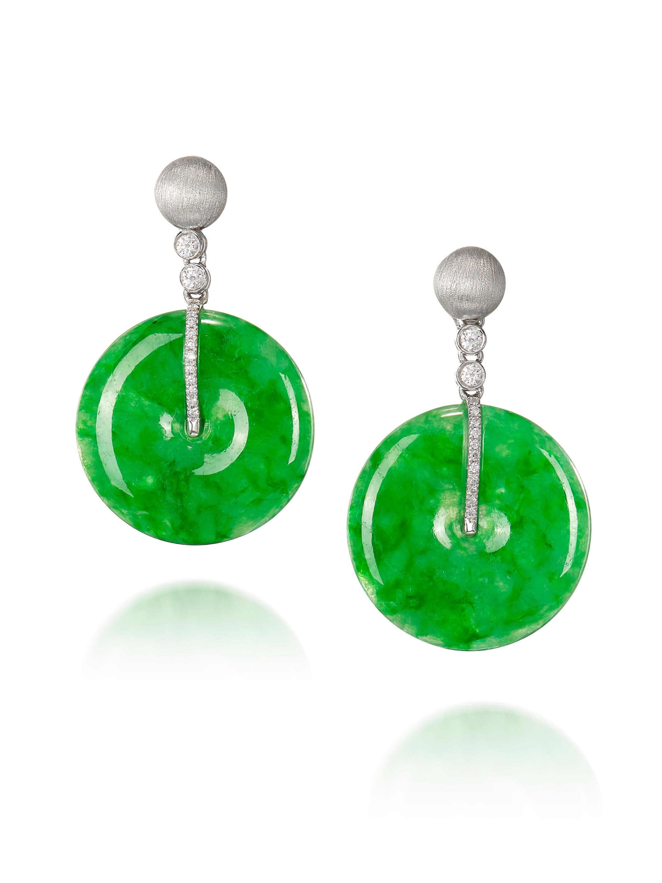 Appraisal: PAIR OF JADEITE 'HUAIGU' AND DIAMOND EARRINGS Each suspending a