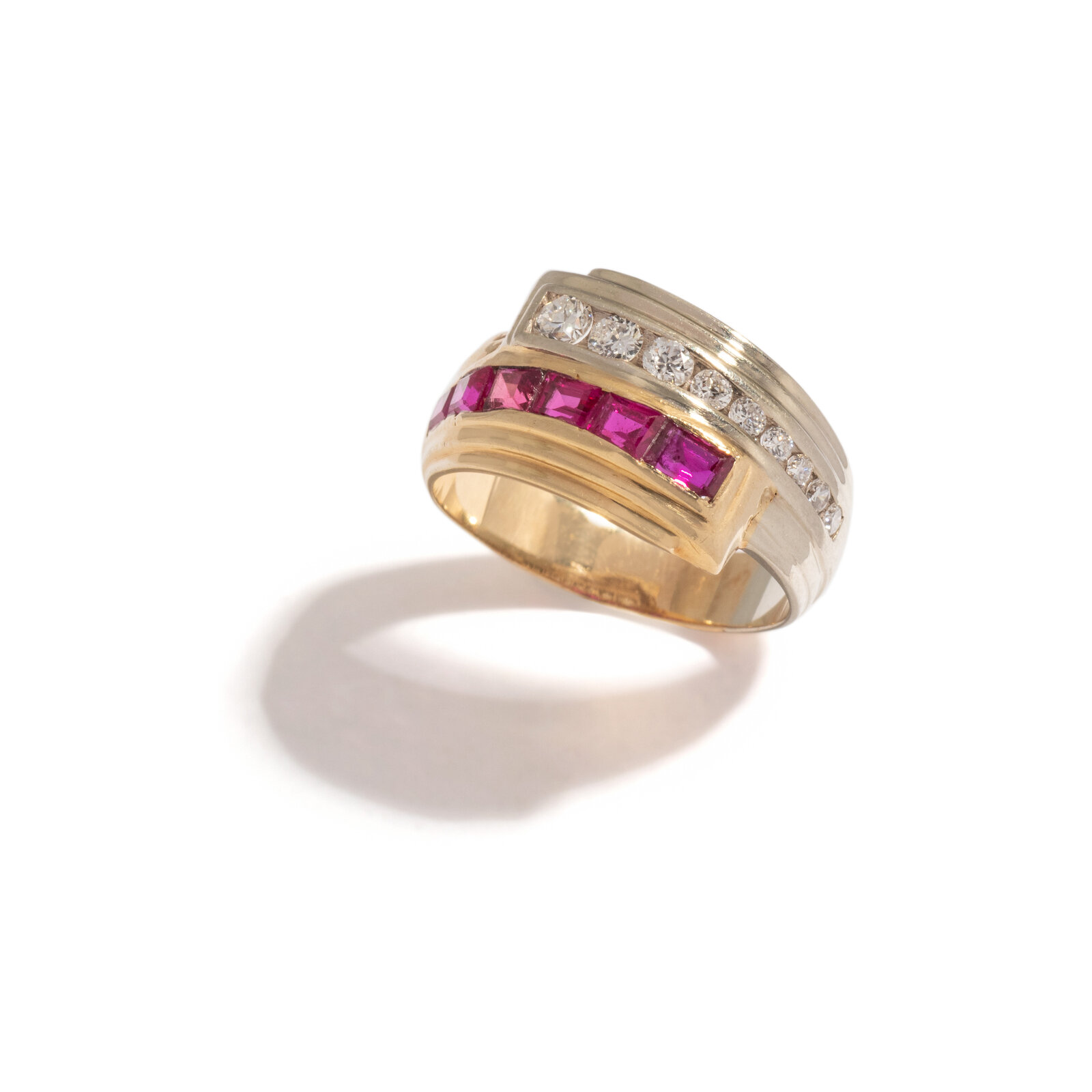 Appraisal: RETRO YELLOW GOLD RUBY AND DIAMOND RING Rectangular cut rubies