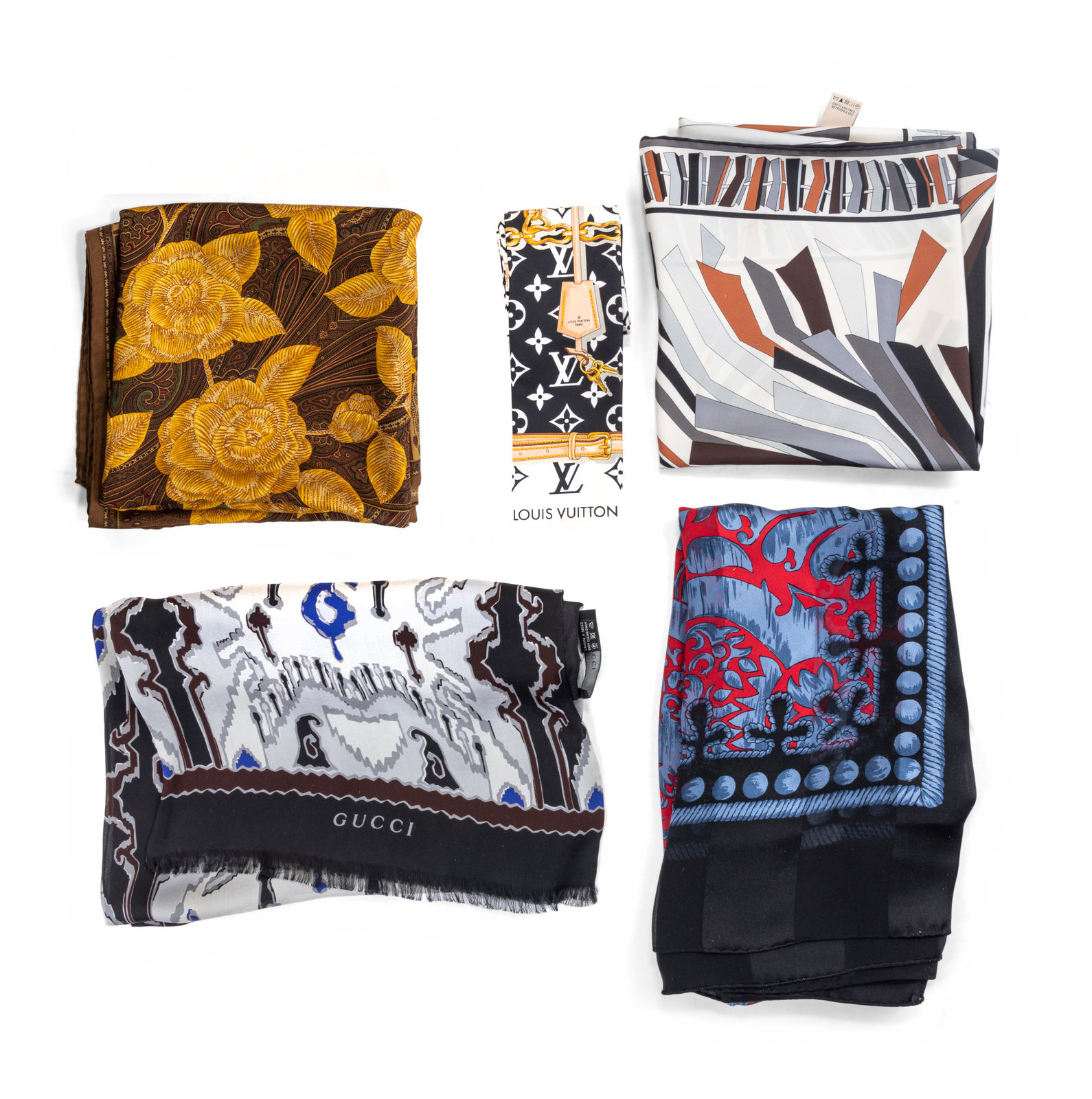 Appraisal: Five Designer Scarves Louis Vuitton Givenchy Gucci Chanel Emilio Pucci