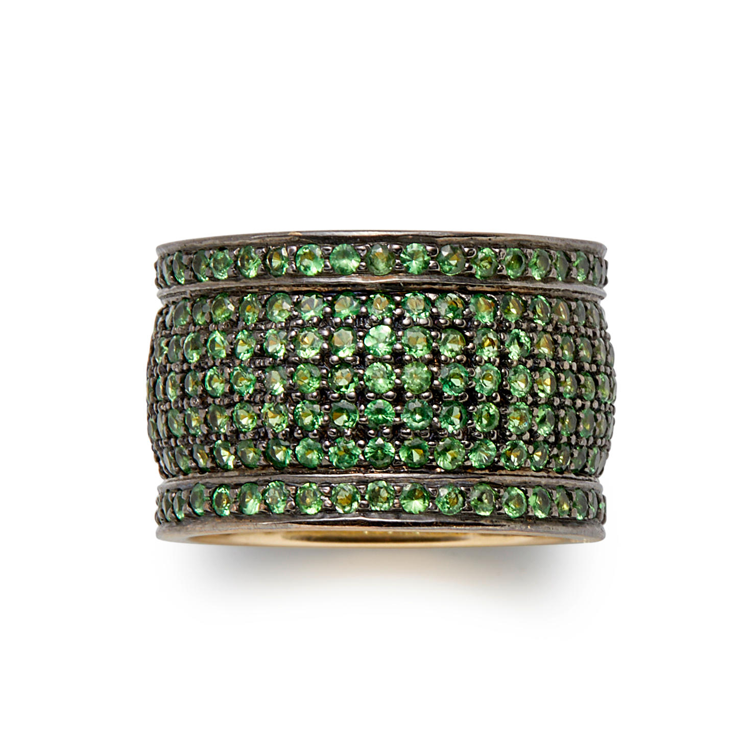 Appraisal: A GOLD AND TSAVORITE GARNET RING The circular-cut tsavorite garnets