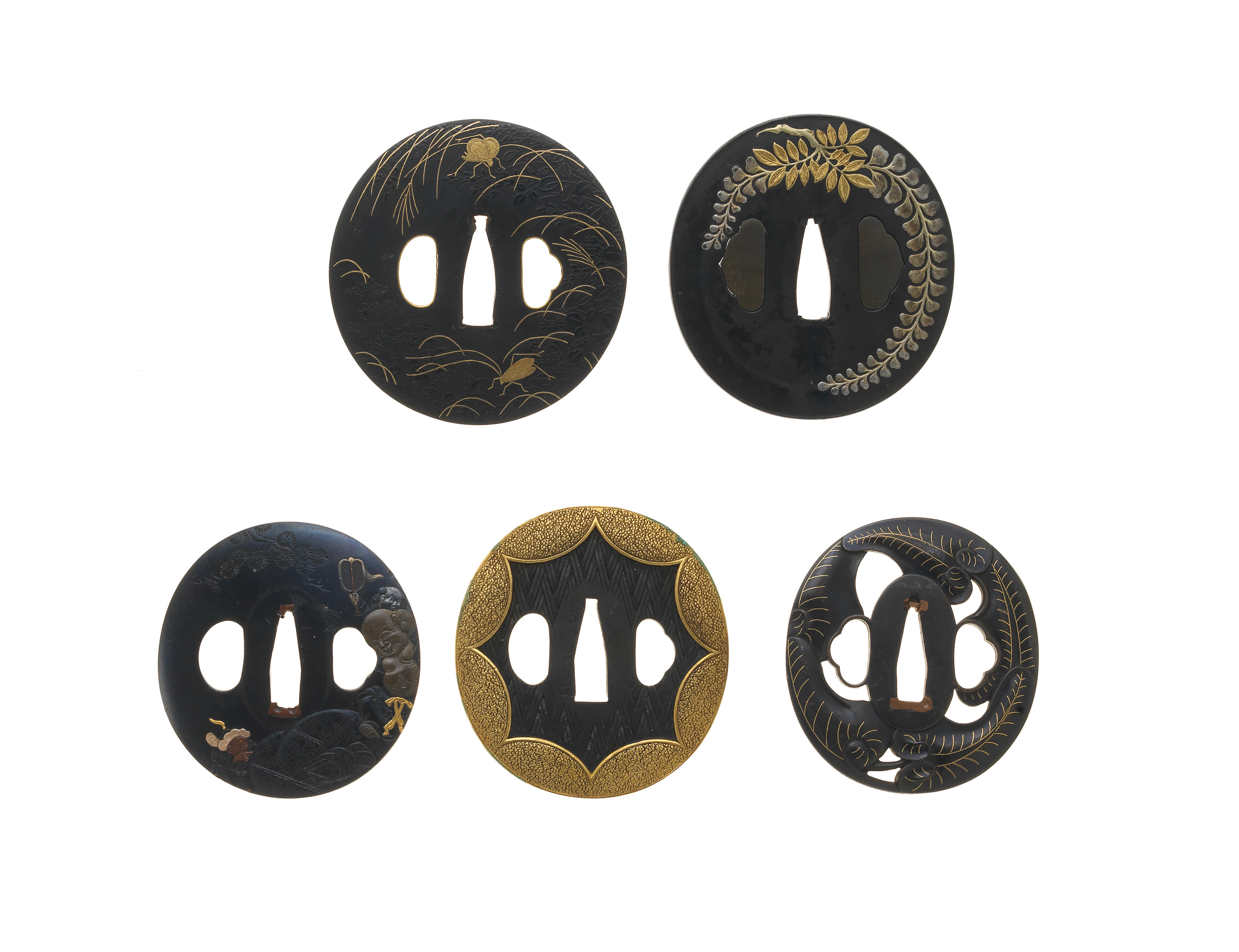 Appraisal: FIVE TSUBA HAND GUARDS Edo period - th to th