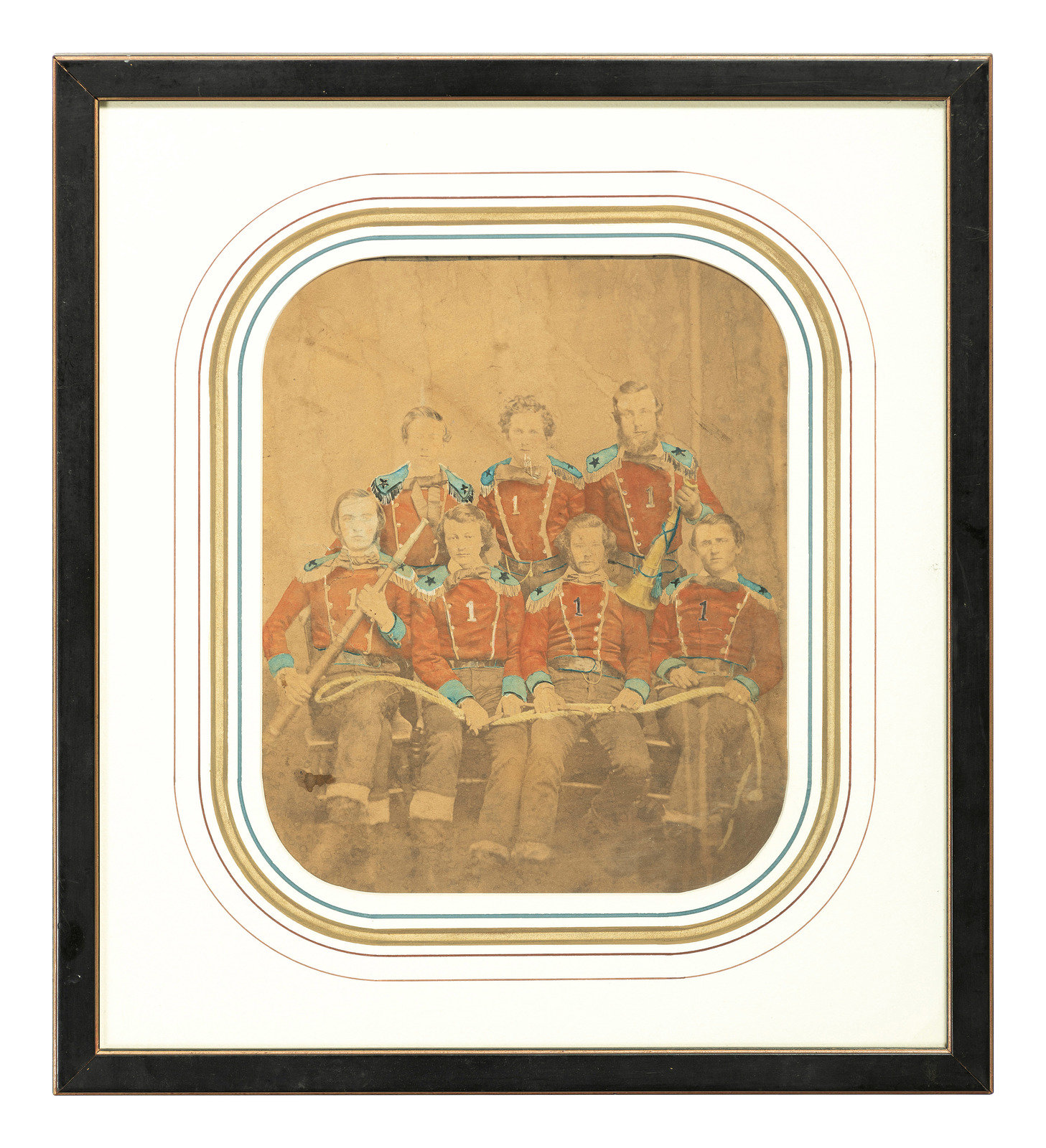 Appraisal: EARLY PHOTOGRAPHY Early salted paper photo of seven firefighters Visible