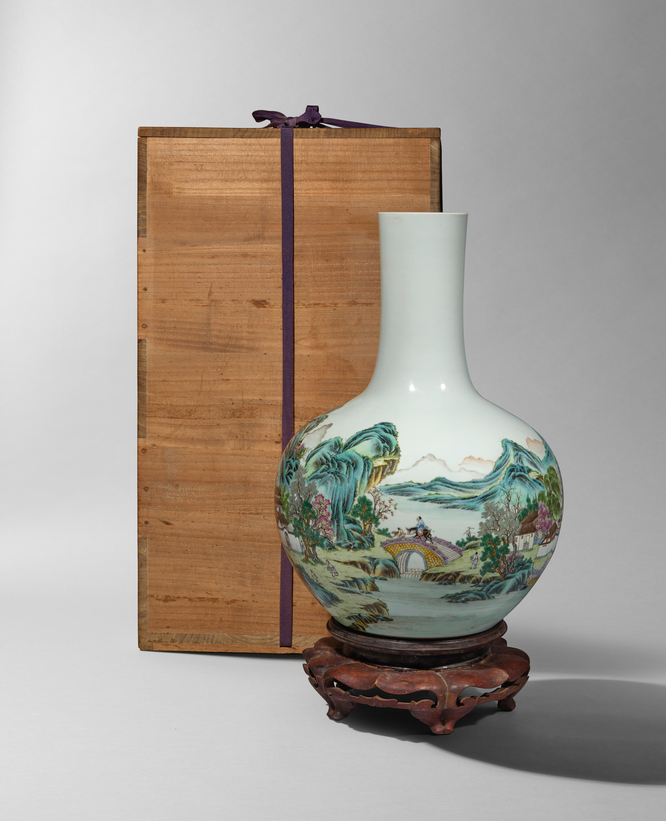 Appraisal: A MASSIVE FAMILLE ROSE 'LANDSCAPE' VASE Blue-enamelled Qianlong four-character mark