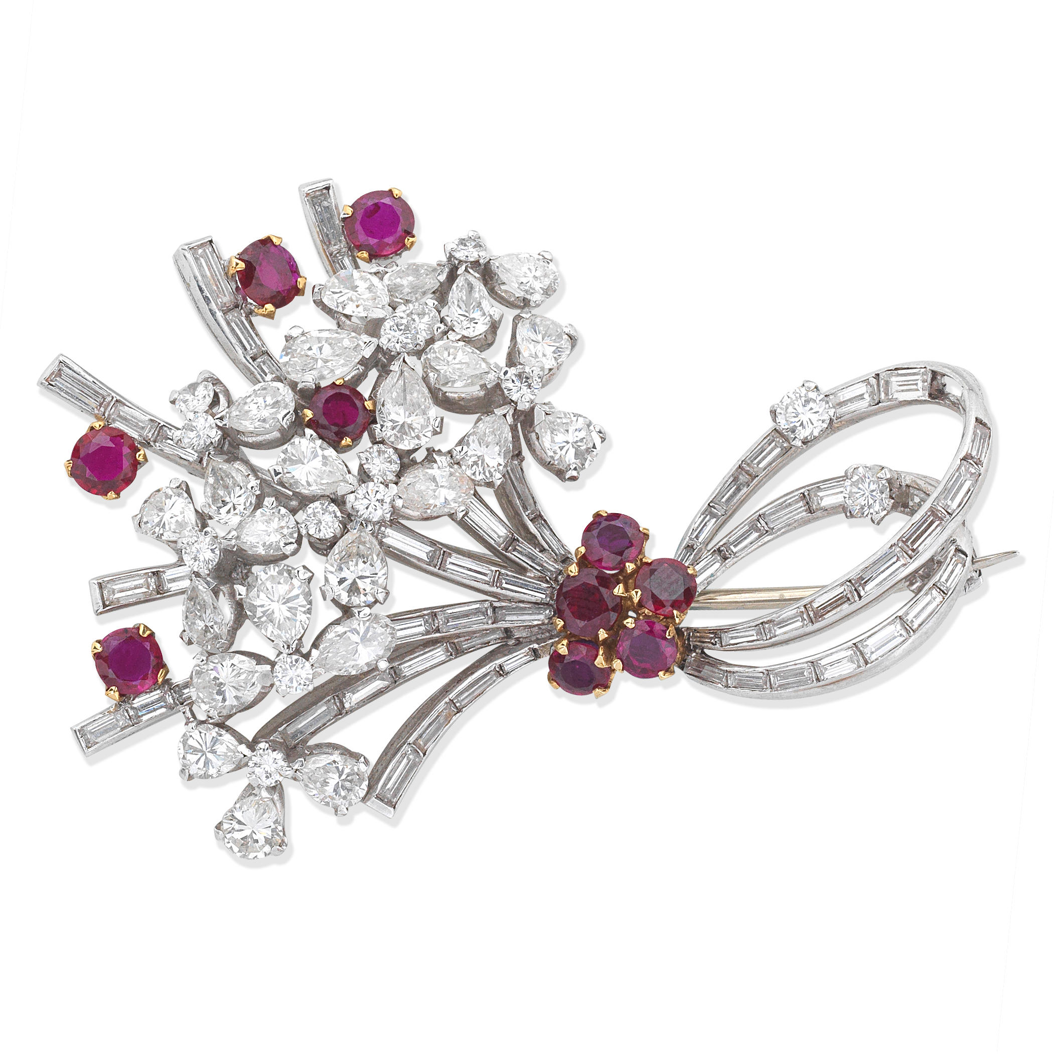 Appraisal: RUBY AND DIAMOND SPRAY BROOCH CIRCA Circular-cut rubies pear baguette