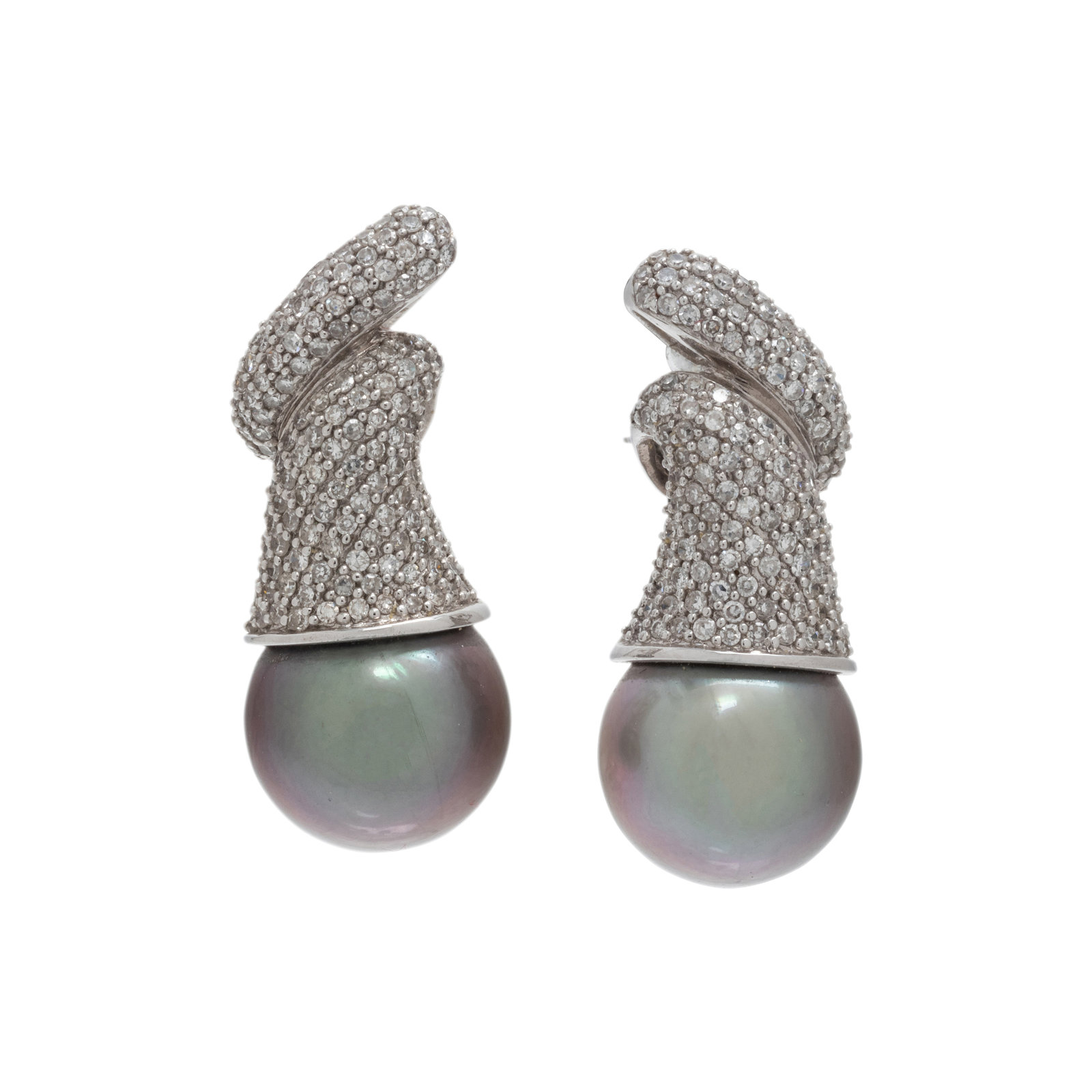 Appraisal: CULTURED TAHITIAN PEARL AND DIAMOND EARCLIPS Containing two Tahitian pearls