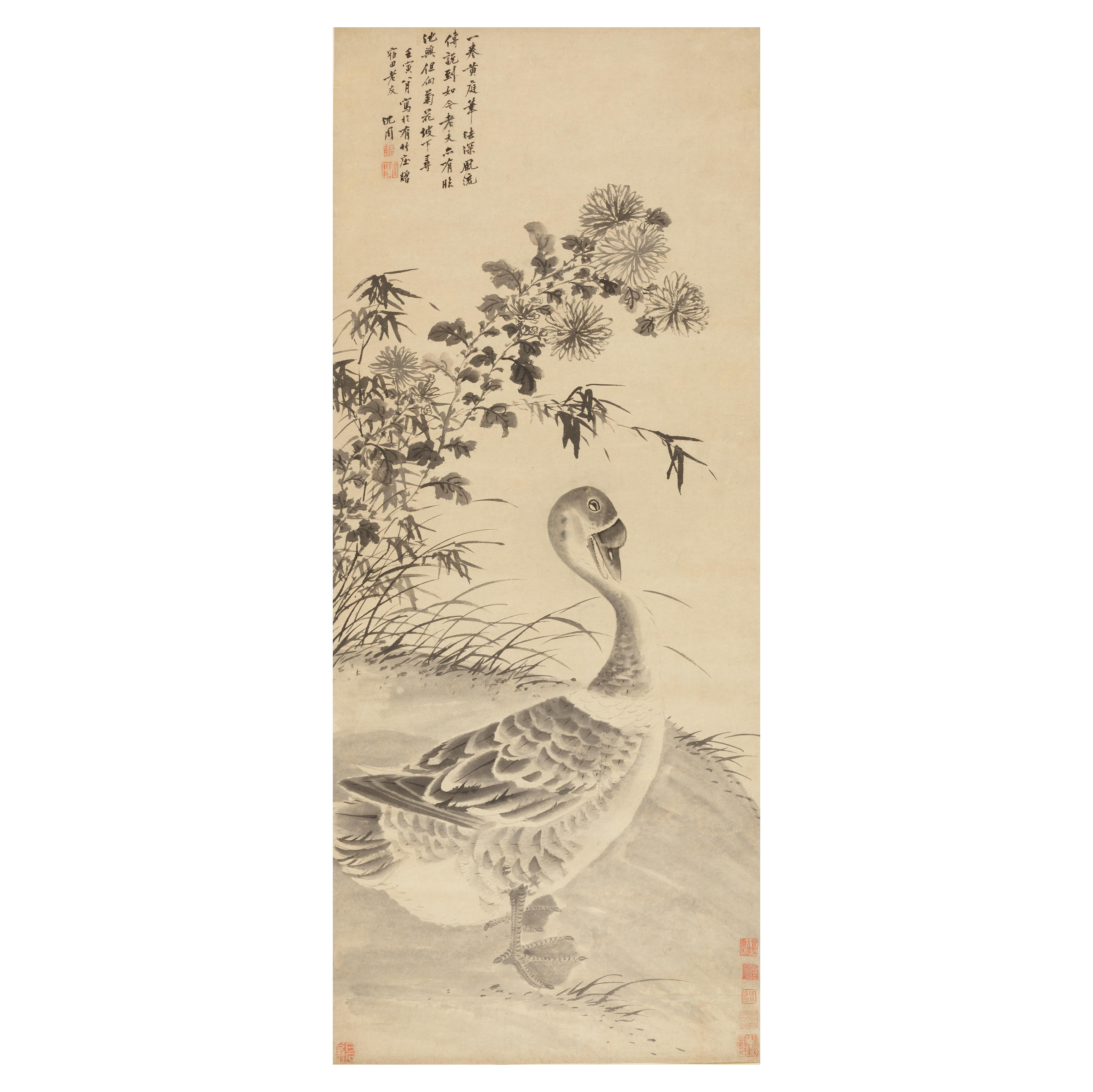 Appraisal: AFTER SHEN ZHOU Geese and Chrysanthemum Ink on paper hanging